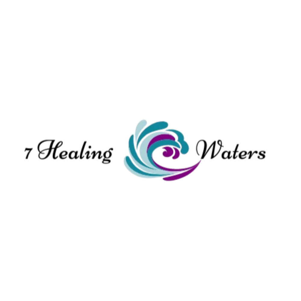 A logo featuring a stylized blue, teal, and purple wave with the text 'The Healing Waters' in elegant black script underneath.