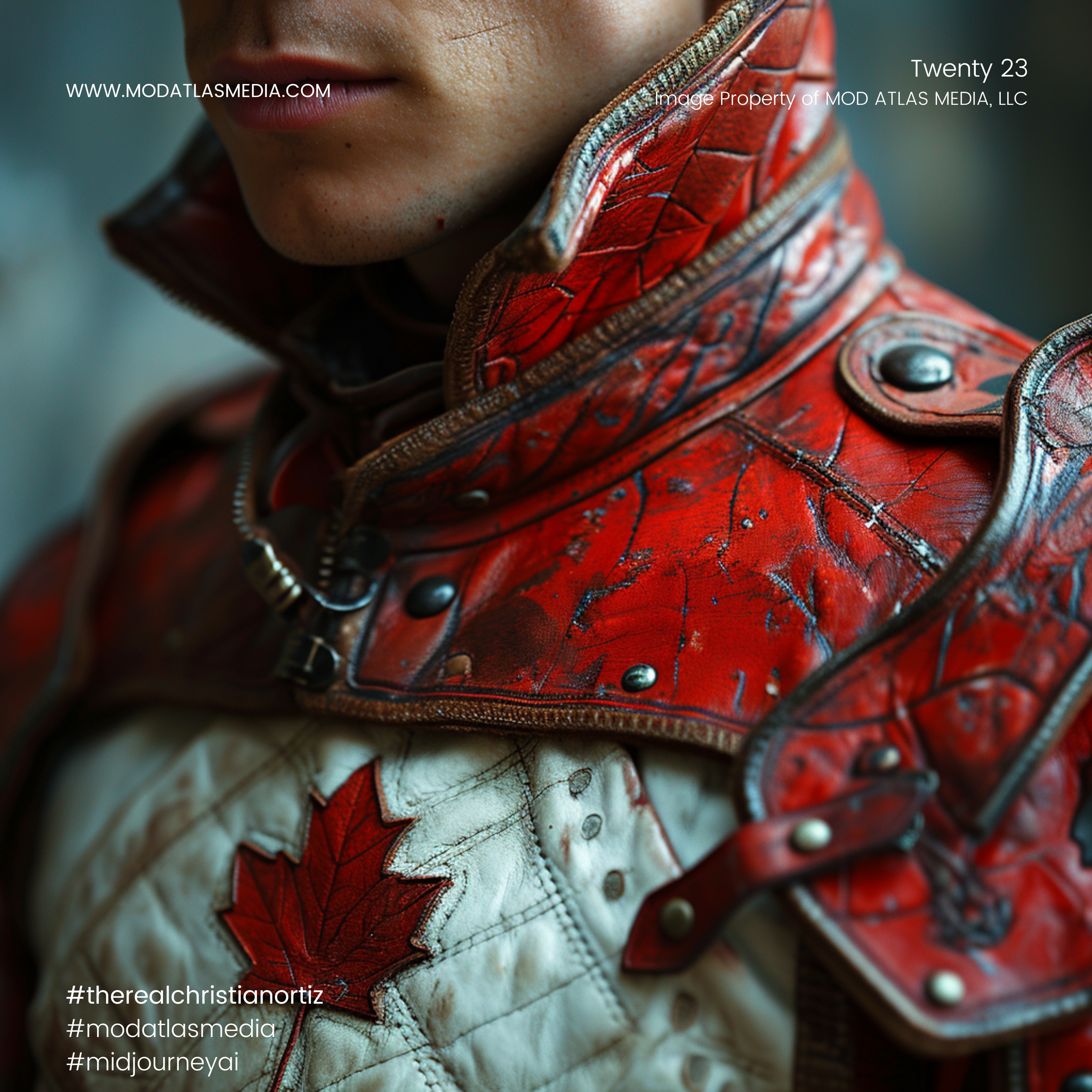 Close-up of a person wearing a red leather jacket with black veins and a white quilted material underneath, with a red maple leaf patch on the quilted part.