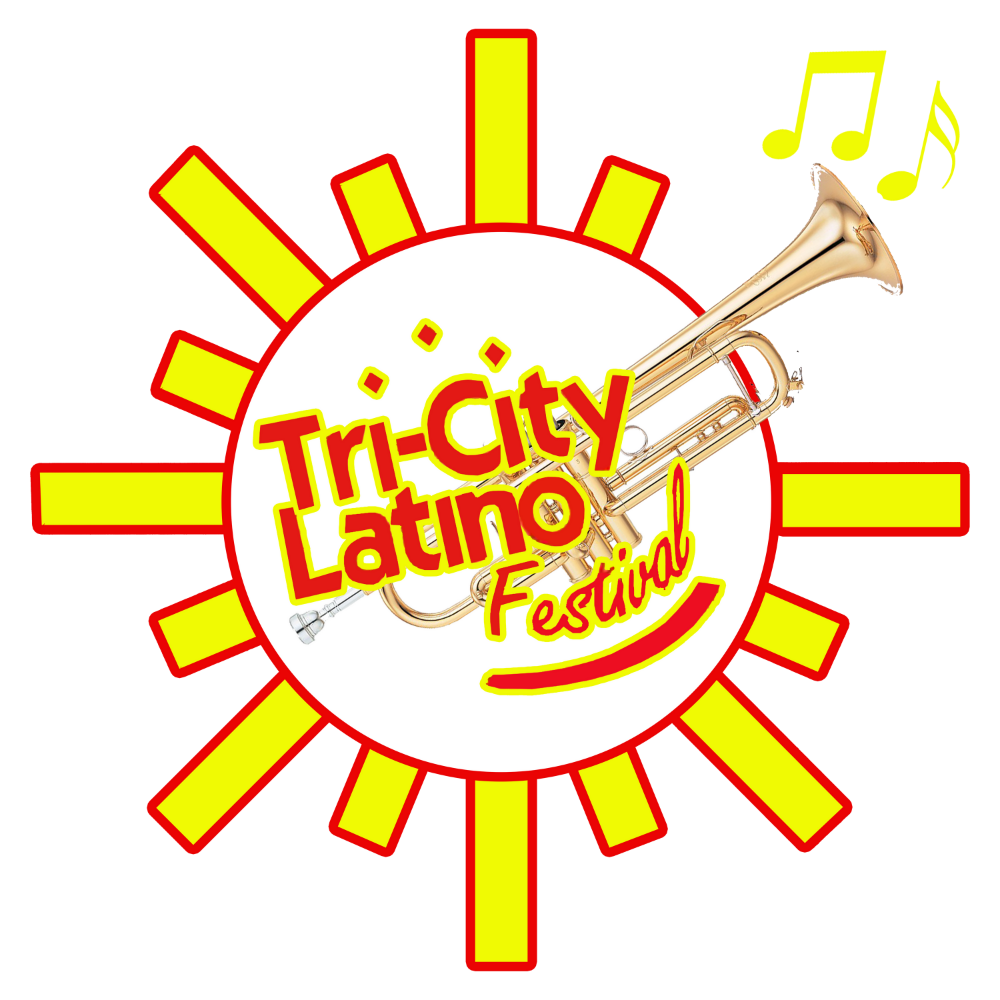 Logo for the Tri-City Latino Festival featuring a stylized sun with yellow rays, a trumpet with music notes, and text in red and yellow.