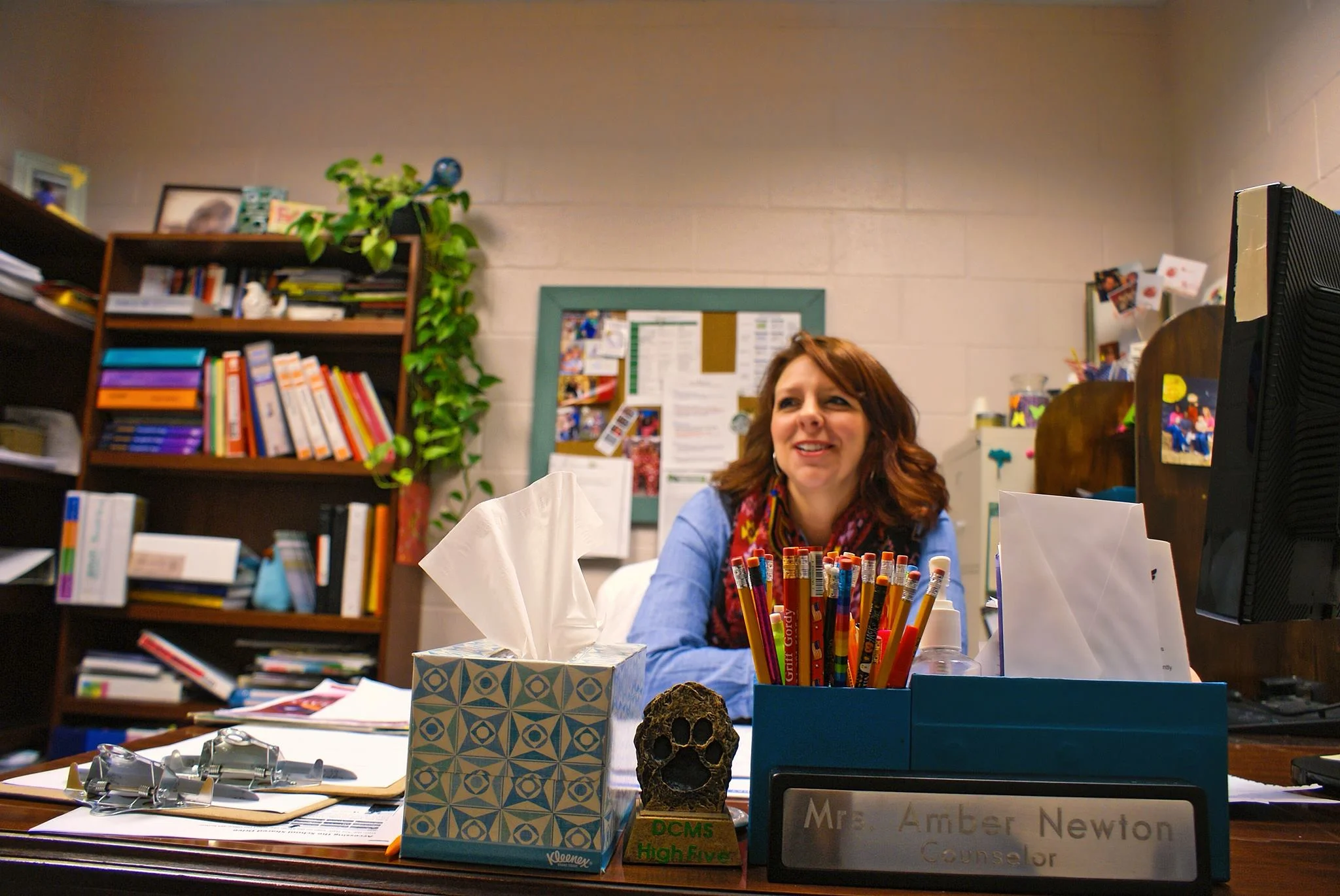 Were you scared getting into this profession? – “Yeah…I’m so thankful that I interned. I had interned for a year and a half. So, at one point…(Chuckles) I was, um…I was working 30 hours a week, I was taking three graduate courses, I was interning 20 hours a week, I was pregnant and had two year old. It was constantly that way the whole time through my Bachelor’s, Master’s and Specialist degree. I’ve always been in school. This is the first time I’ve not been in school and now, I am going to find a Doctorate’s program in the spring. Yeah I was scared. You feel like you have this little person in your hands and…they come in here so vulnerable or they come closed off…some don’t want to talk to me, they don’t know me and there’s that kind of fear of ‘what do I say? What do I do? How do I respond to this? Am I going to mess them up?’ You know, what happens if they come to me and tell me they are self-harming and they want to kill themselves? That’s major! WHAT are the right words to say to that?”