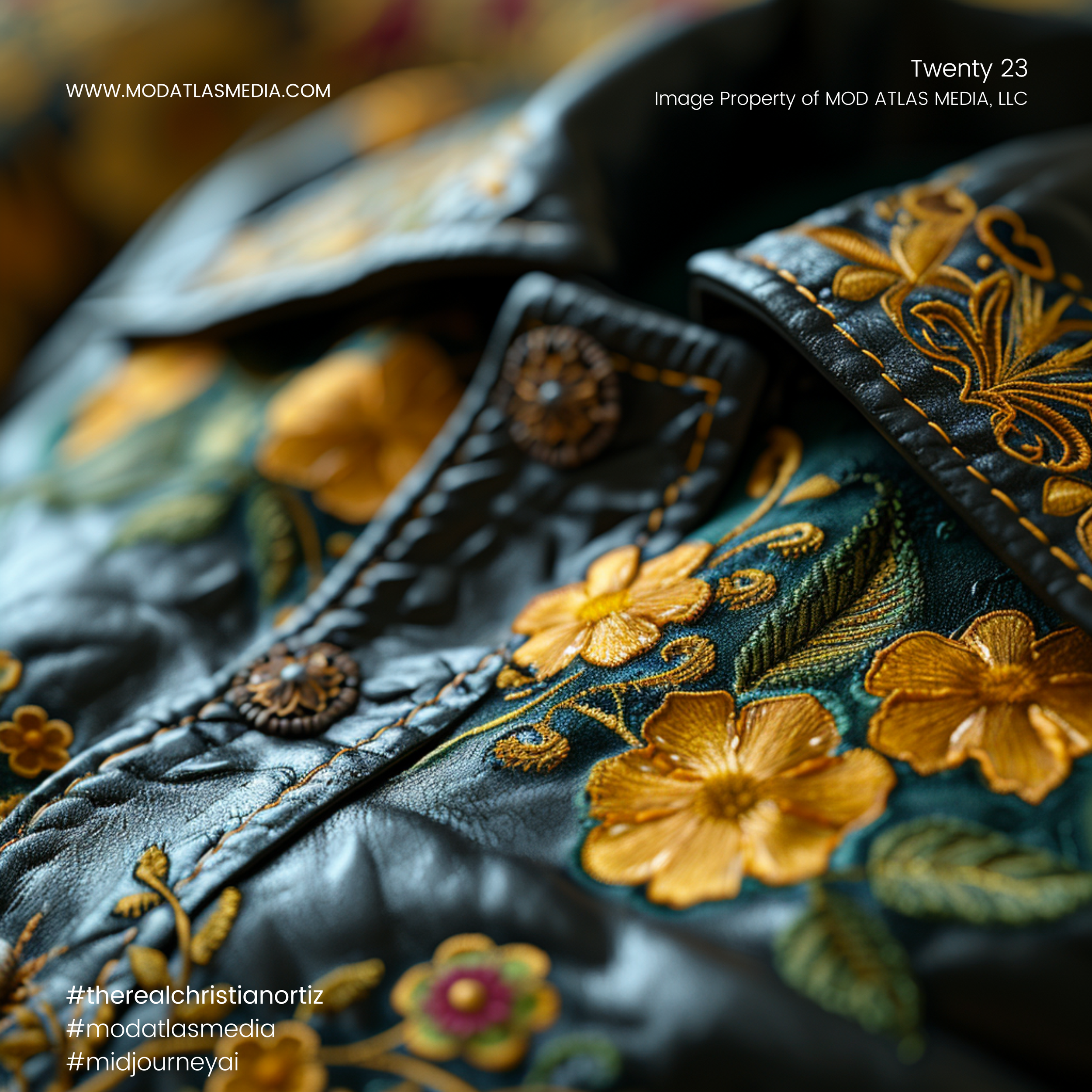 Close-up of a black leather jacket with detailed yellow and green floral embroidery.