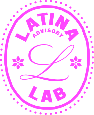 Pink and purple logo with the text 'LATINA LAB' and 'ADVISORY' inside an oval border, decorated with small floral symbols.