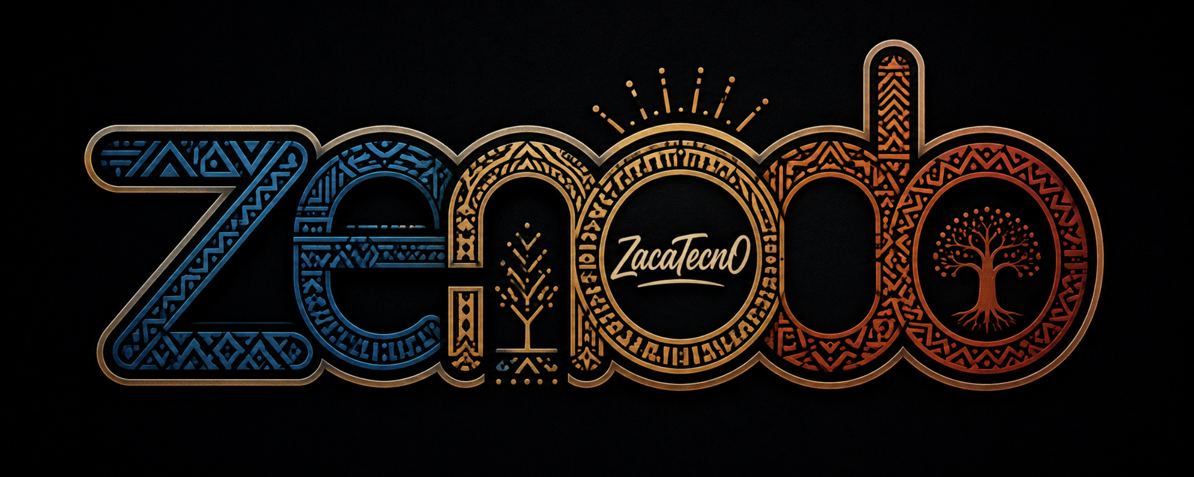 Colorful illuminated text spelling 'Zacatecas' with decorative patterns, a tree, and a signature in the center on a black background.
