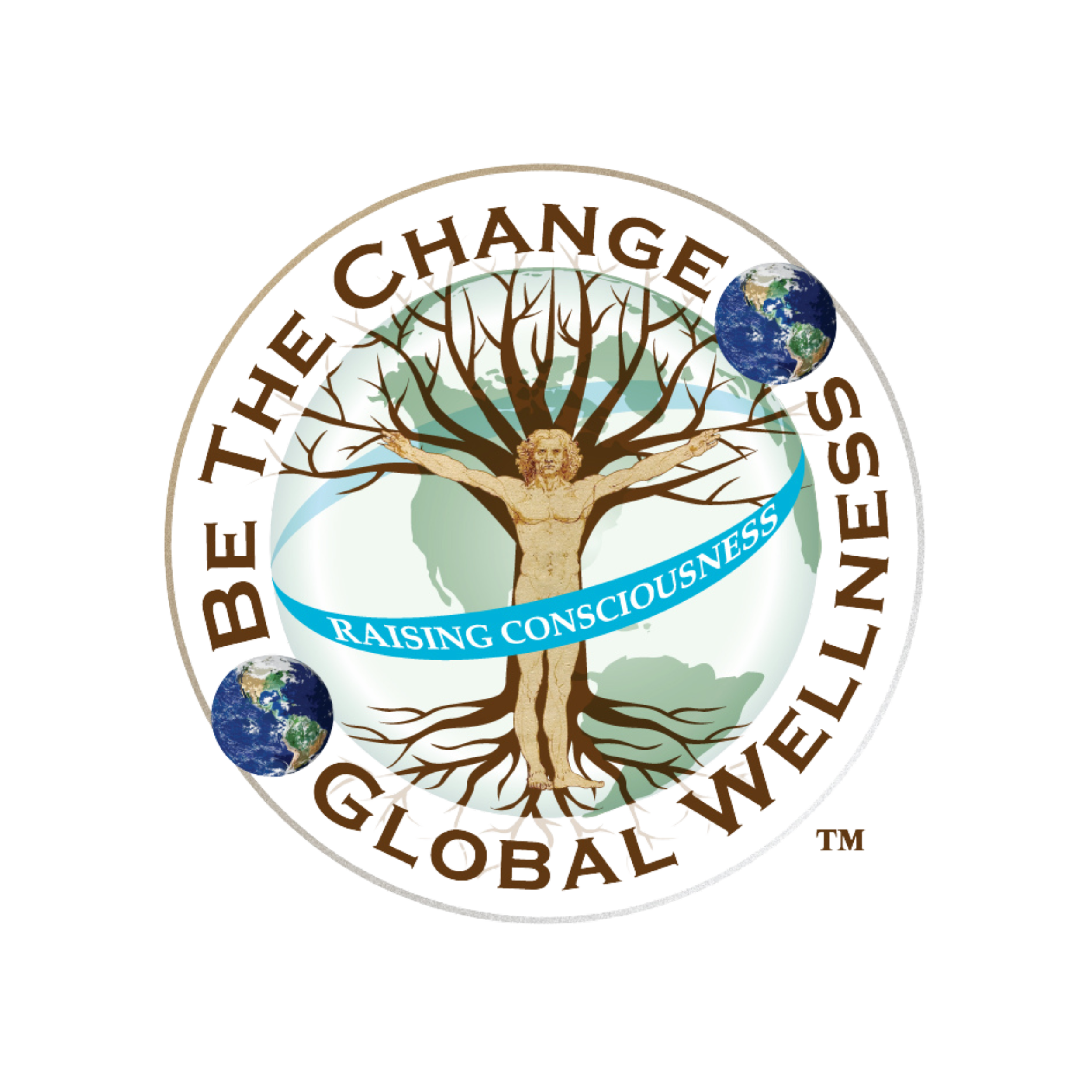 Logo of Beneh Hehem Change Students Global Wellness, featuring a tree with a human figure at its center, Earth illustrations, and a blue ribbon with the words 'Raising Consciousness'.