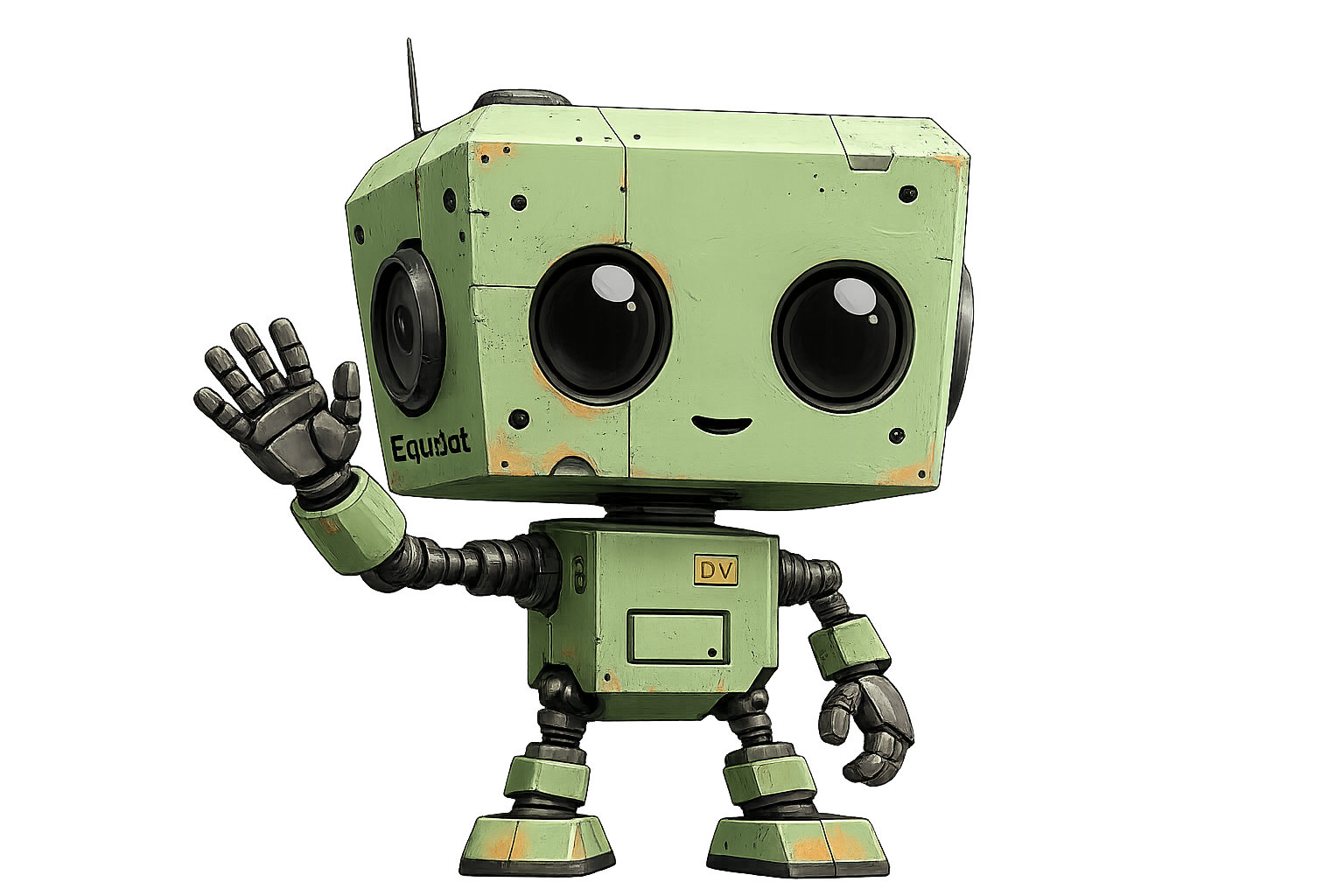 A cartoon robot with a green boxy head and body, large black eyes, and a simple smiling mouth, waving with its right hand.