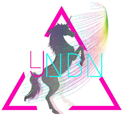 A digital artwork of a unicorn with neon colors, featuring the text 'UNBN' with vibrant, colorful streaks and neon pink and blue accents.