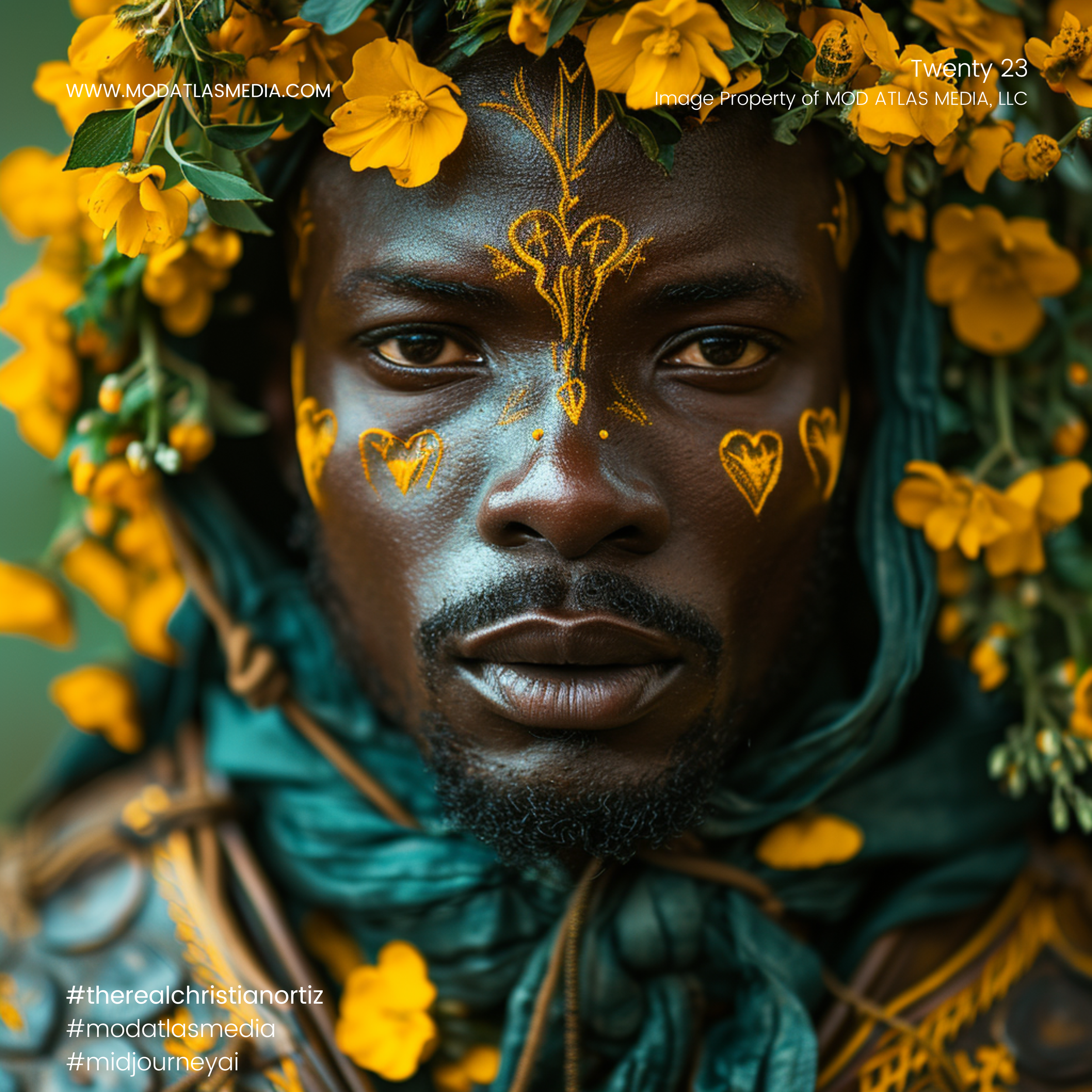 Close-up of a man with dark skin wearing makeup with yellow painted designs on his face, surrounded by yellow flowers in his hair, and dressed in a teal and yellow outfit with floral embellishments.