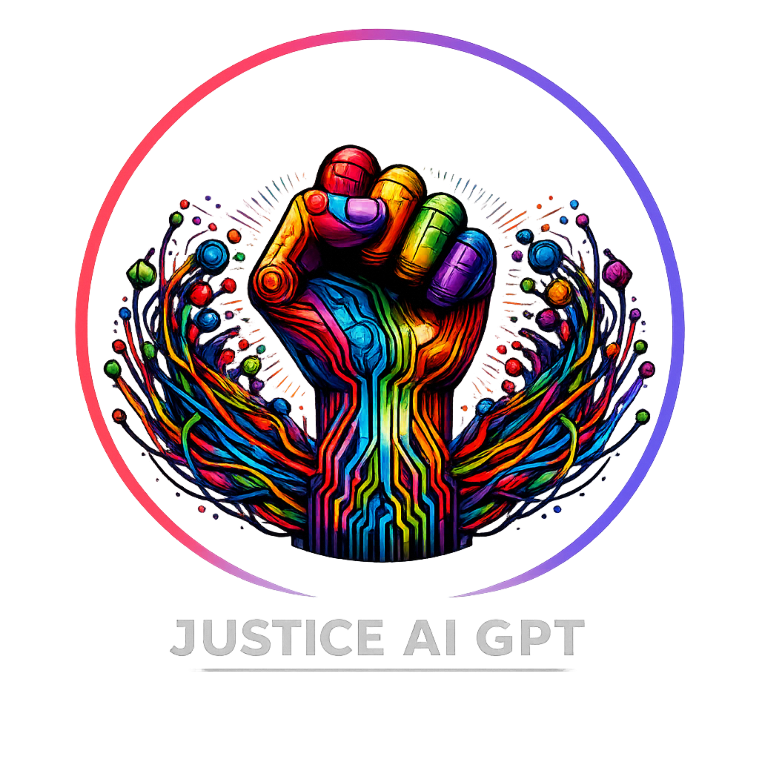 Colorful logo with a rainbow-colored fist surrounded by interconnected dots and lines, with the words "Justice Al" beneath.