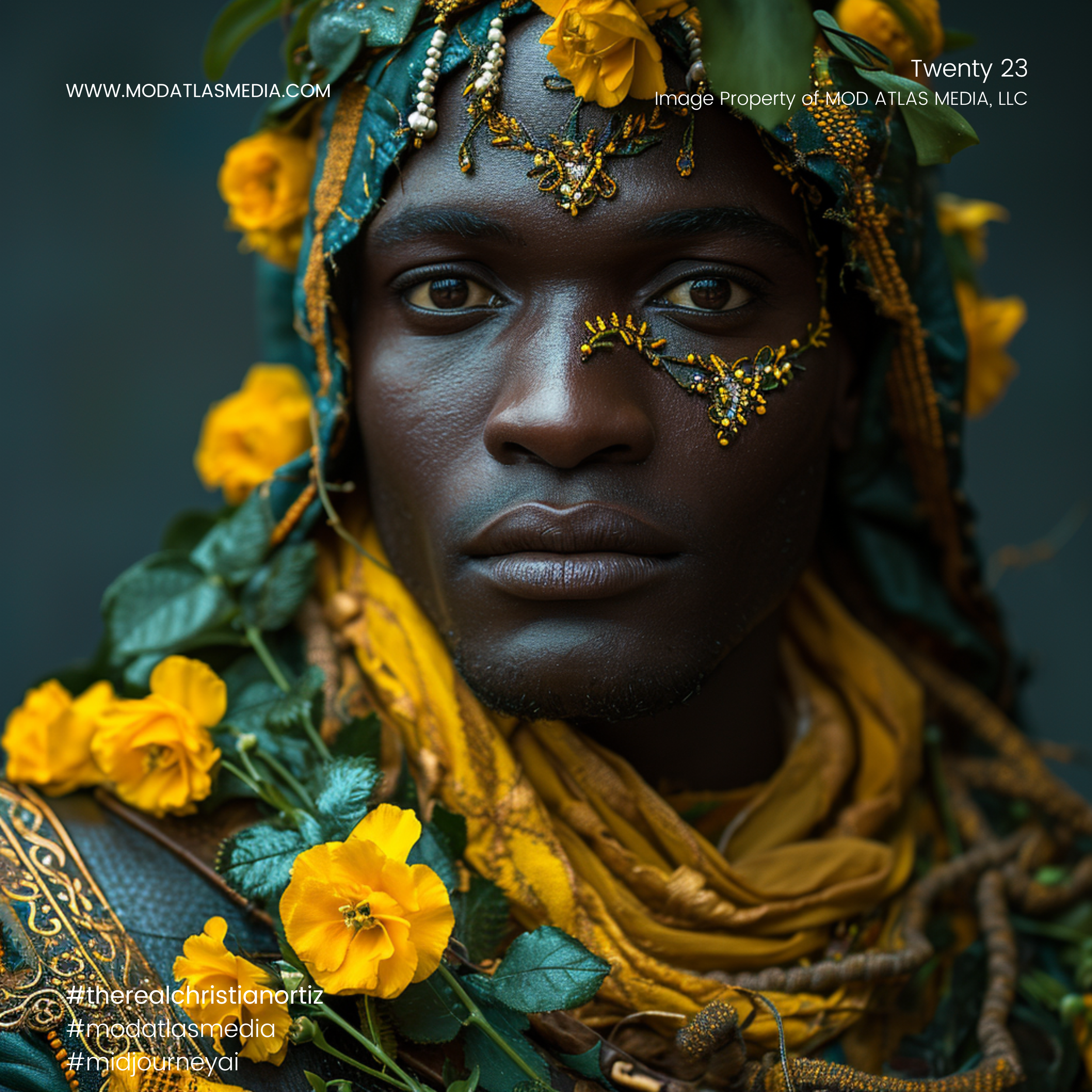 Close-up of a person with dark skin wearing intricate yellow and green floral and beaded jewelry, with yellow flowers and green leaves draped around their shoulders and head, set against a dark background.