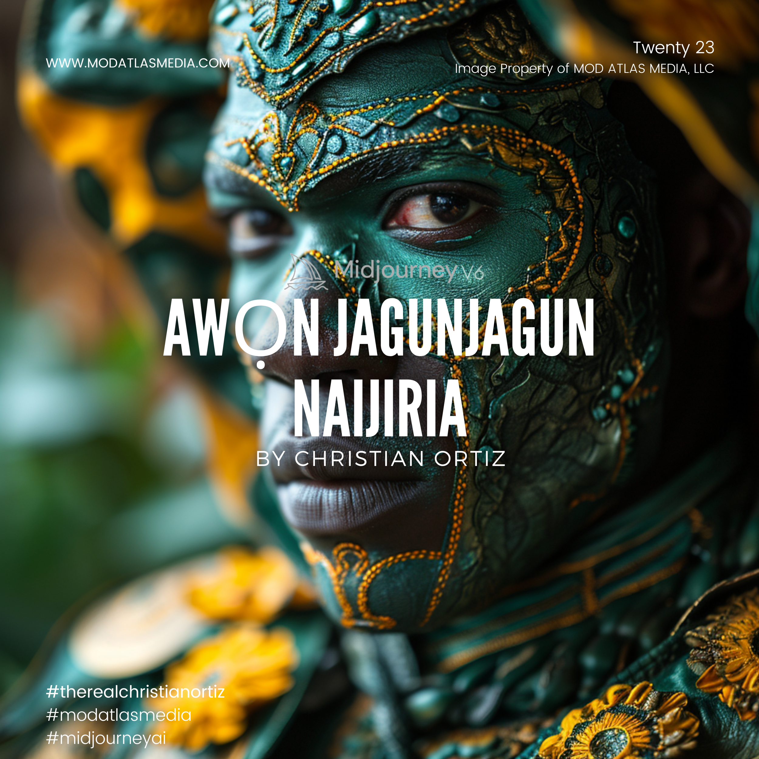 A person with elaborate green and gold face paint, embroidered costume, and jewelry, gazing intensely.