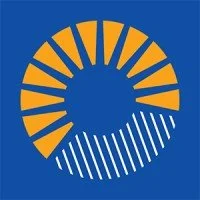 Abstract logo with orange and white shapes on a blue background