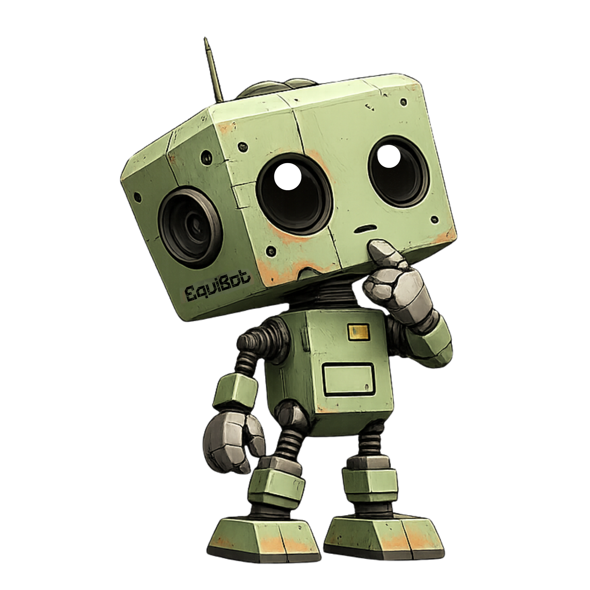 A robot with a boxy, vintage design holding a sign with the text 'SQUISIG' on it, set against a black background.