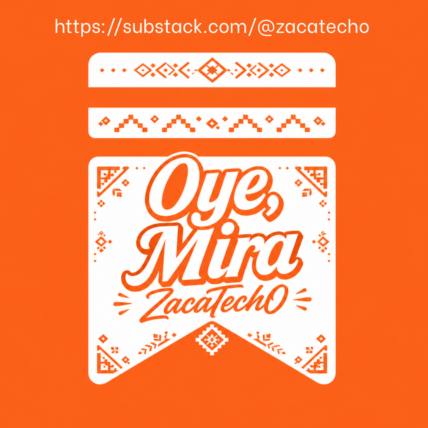 A graphic with white background featuring text and decorative elements in orange. The text includes a URL at the top, and the phrase 'Oye, Mira Zacatecho' in large stylized font in the center.