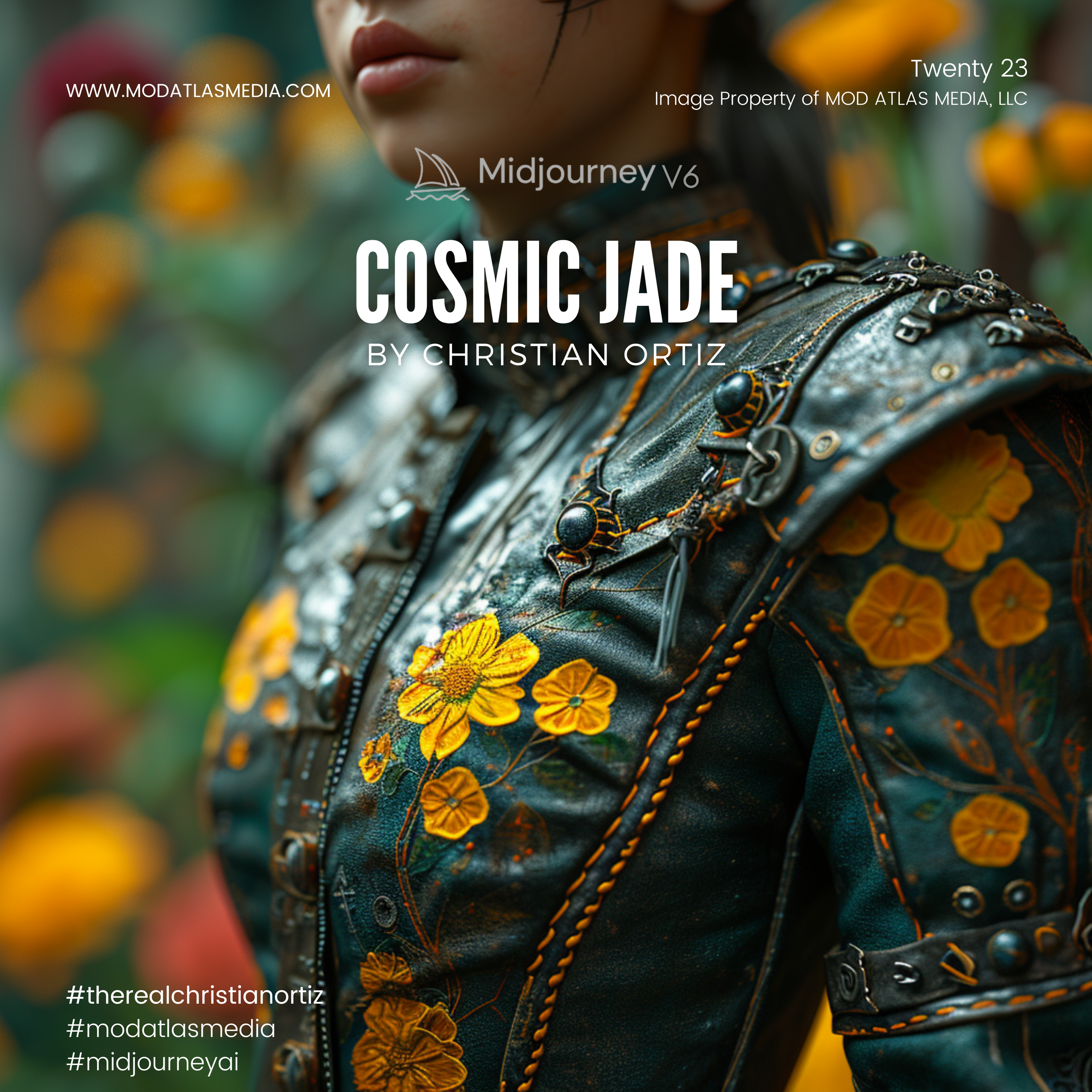 Close-up of a person's shoulder and neck wearing a black leather jacket with intricate orange and yellow floral embroidery and spider-themed jewelry, with a blurred background of orange and green flowers.