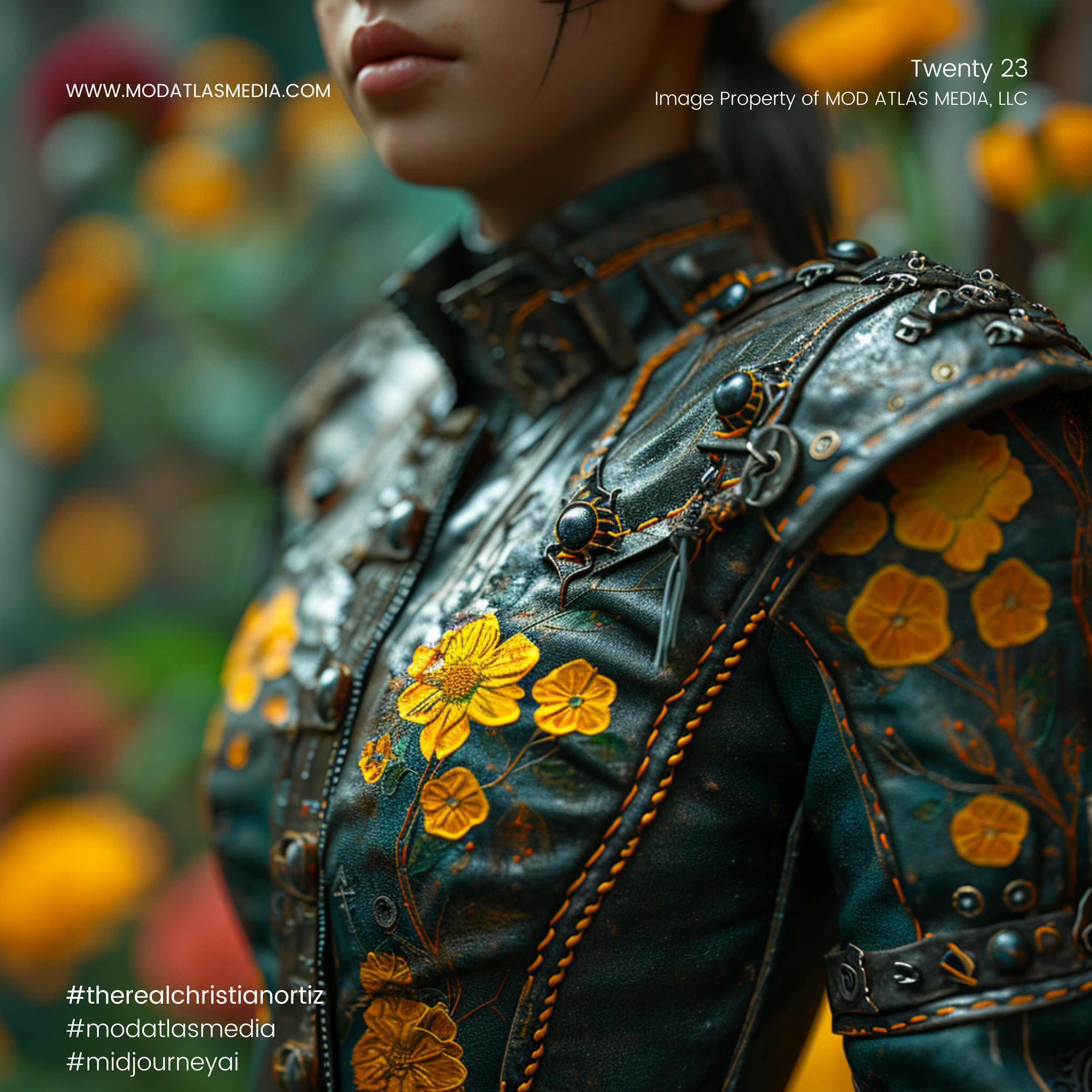 Close-up of a person wearing a black leather jacket with orange embroidery and yellow floral designs, standing in front of a blurred background of orange flowers.