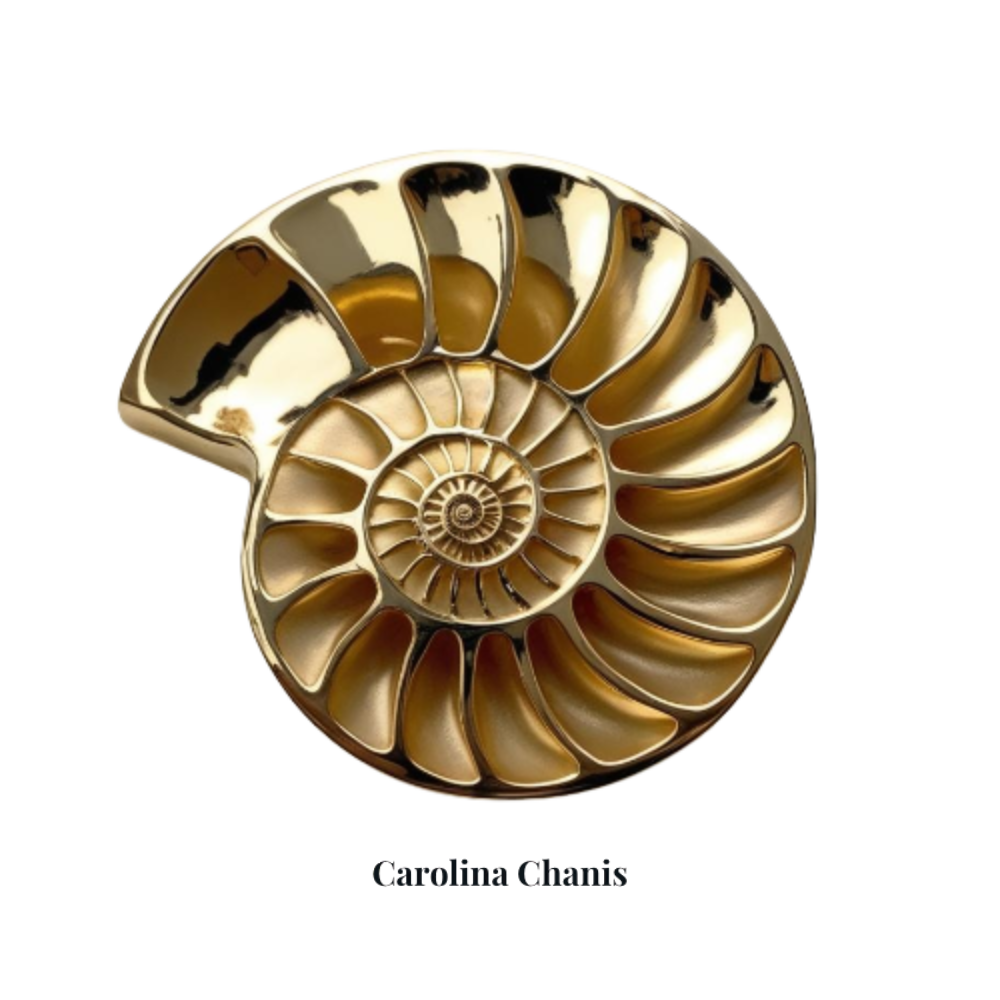 A shiny, metallic model of a nautilus shell with a spiral pattern and chambers.