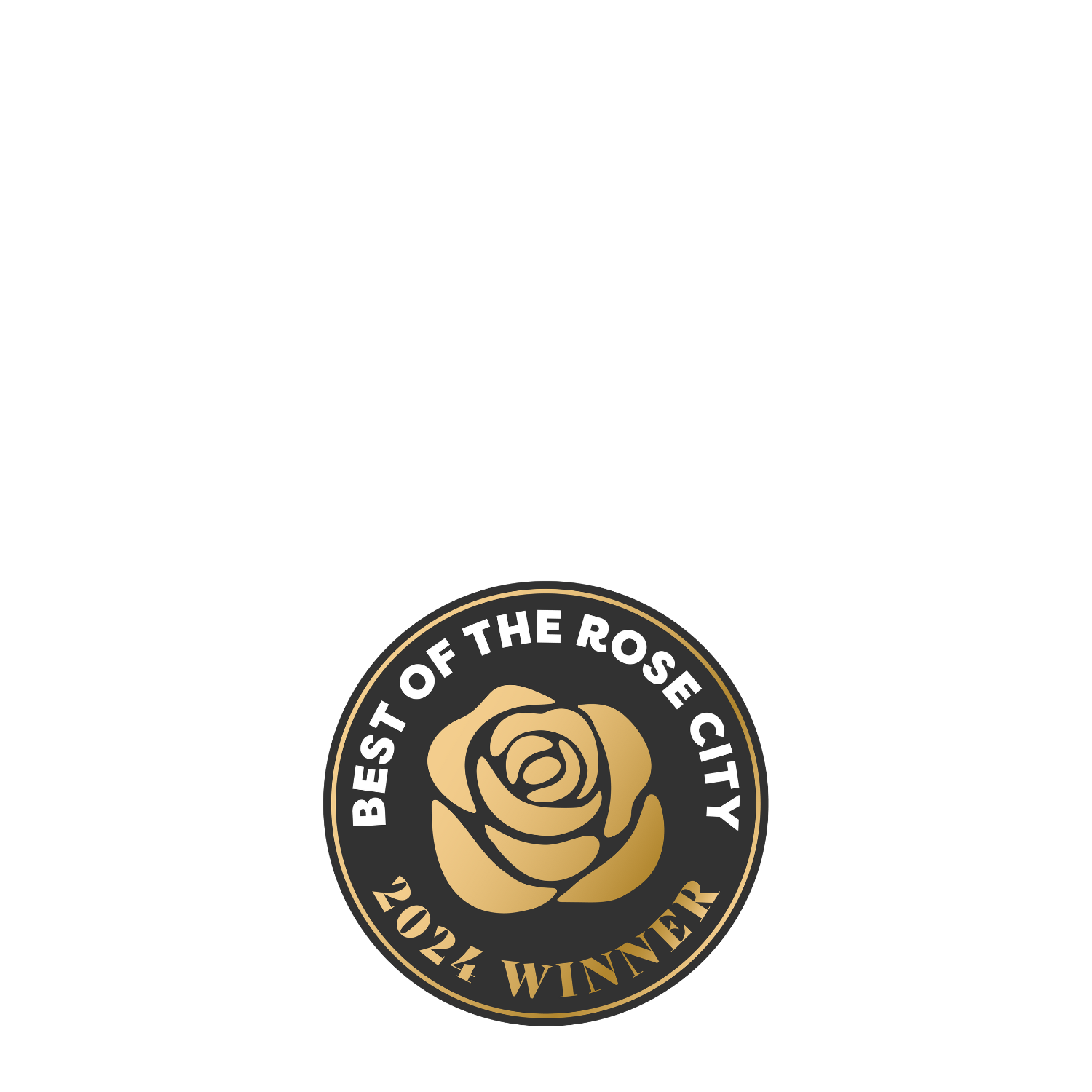 Black and white logo with the text 'Best of the Rose City 2024 Winner' and a gold rose emblem