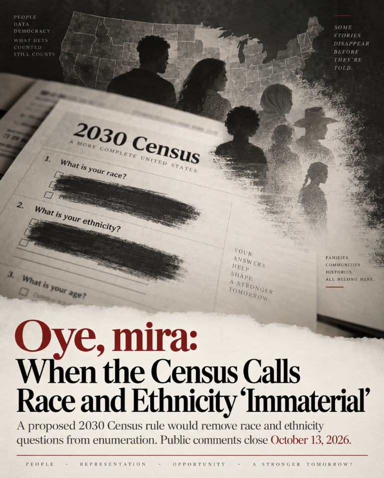 A newspaper headline about a proposed 2030 Census rule that would remove race and ethnicity questions from the enumeration, with public comments closing on October 13, 2026. The background shows a map of the United States and silhouettes of diverse people.