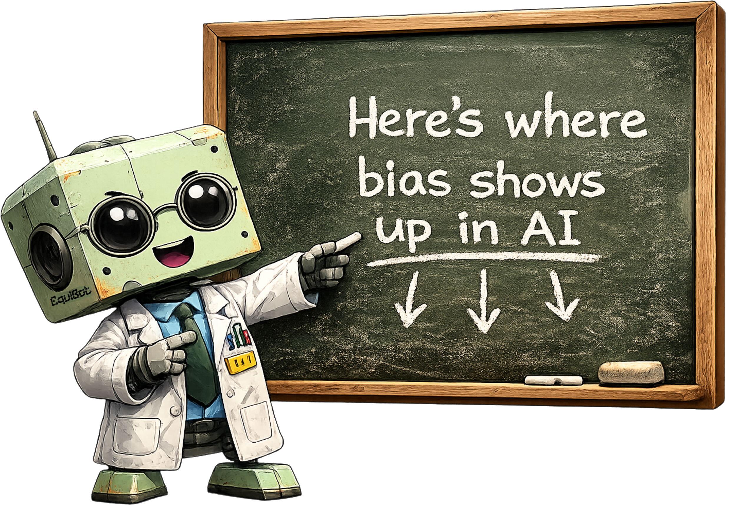 Cartoon robot with glasses and a lab coat pointing to a chalkboard that says "Here's where bias shows up in AI."
