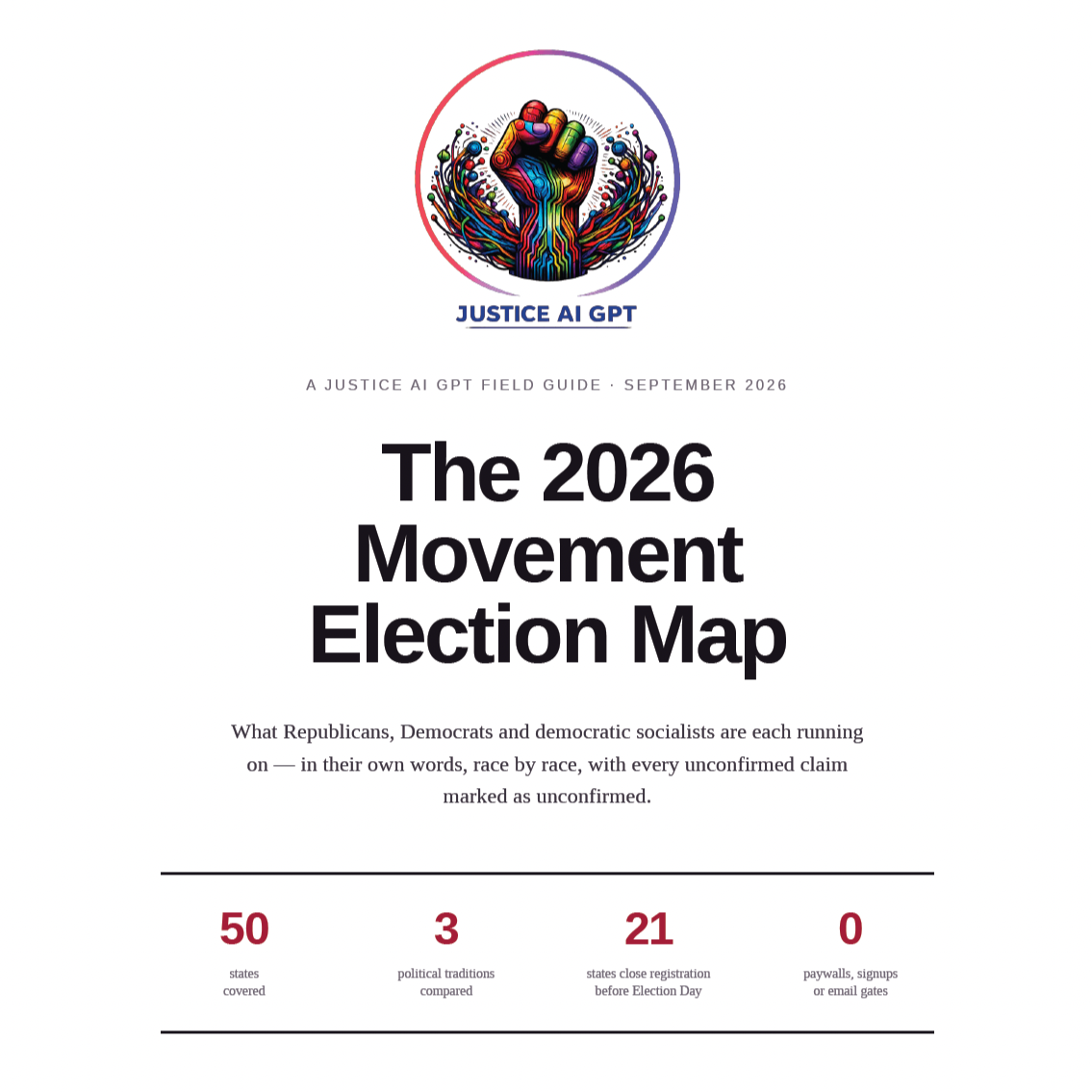 Cover page of a report titled "The 2026 Movement Election Map" with a colorful, stylized fist emerging from circuitry, representing AI and activism. It includes subtitle information and statistics about states covered, political traditions compared, states close registration, and paywalls or email gates for the 2026 election guide.