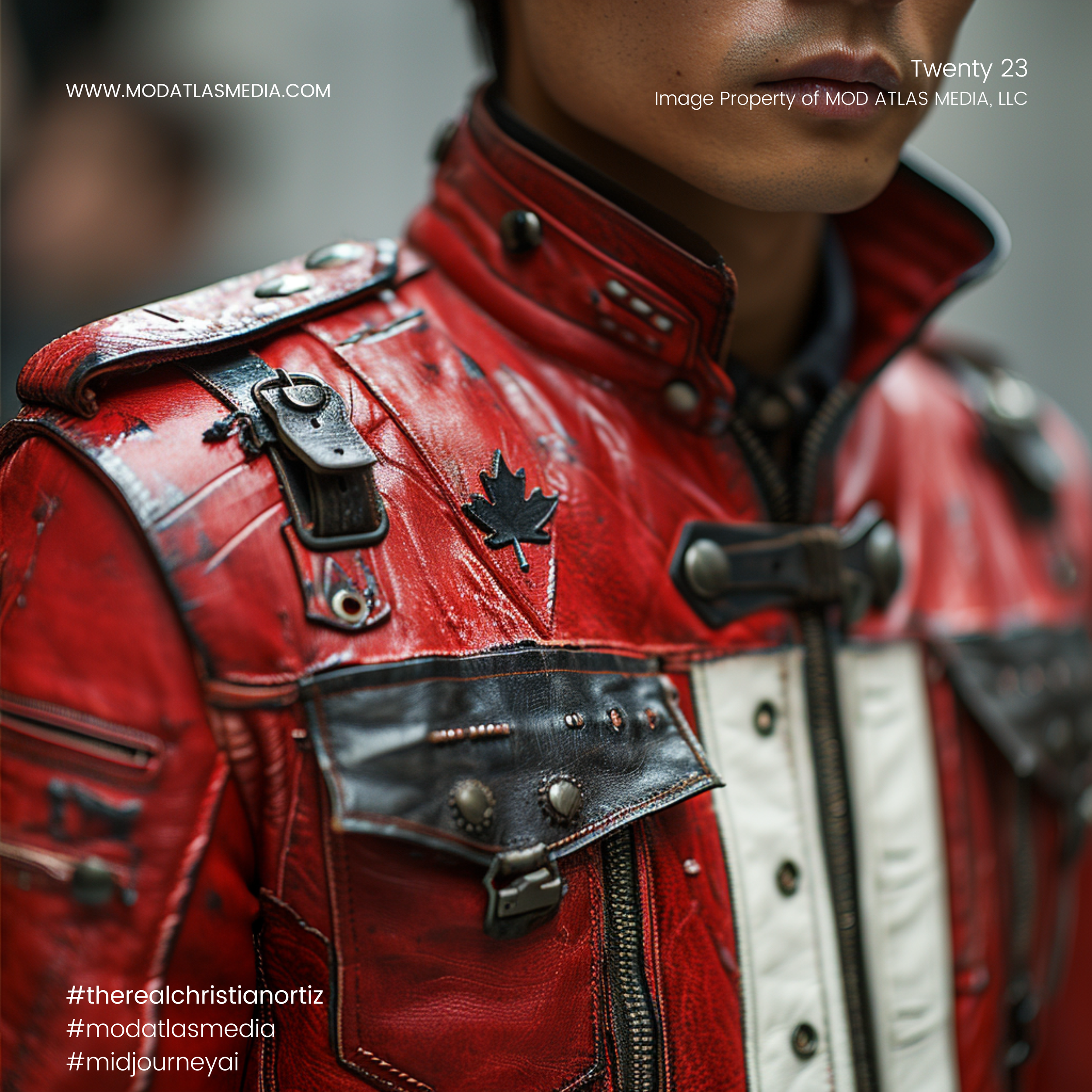 Close-up of a person wearing a red leather jacket with black and white accents, black metal hardware, and a black maple leaf pin.