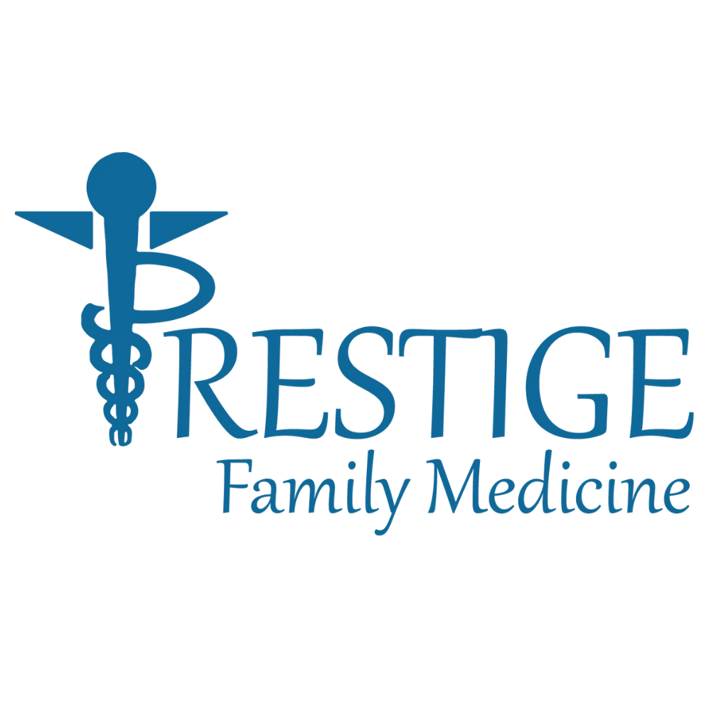 Logo for Restige Family Medicine featuring a blue medical caduceus symbol and the text "Restige Family Medicine" in blue.