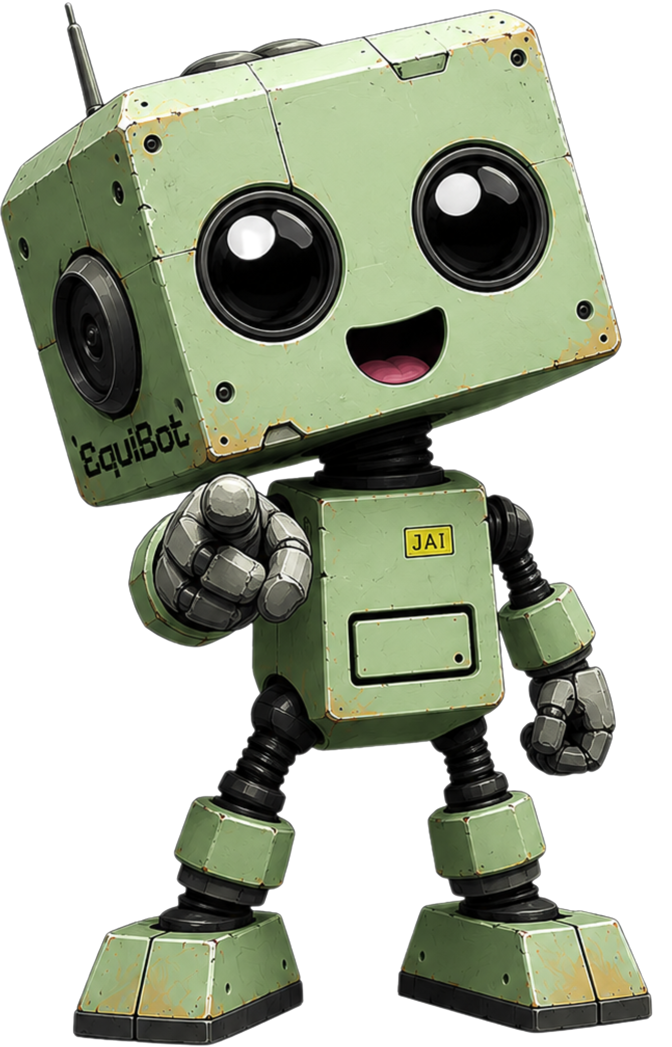 A cartoon robot with a boxy, weathered green body, large black eyes, a smiling face, and black segmented limbs pointing forward. It has markings that say 'EQUIBOT' and 'JAI'.