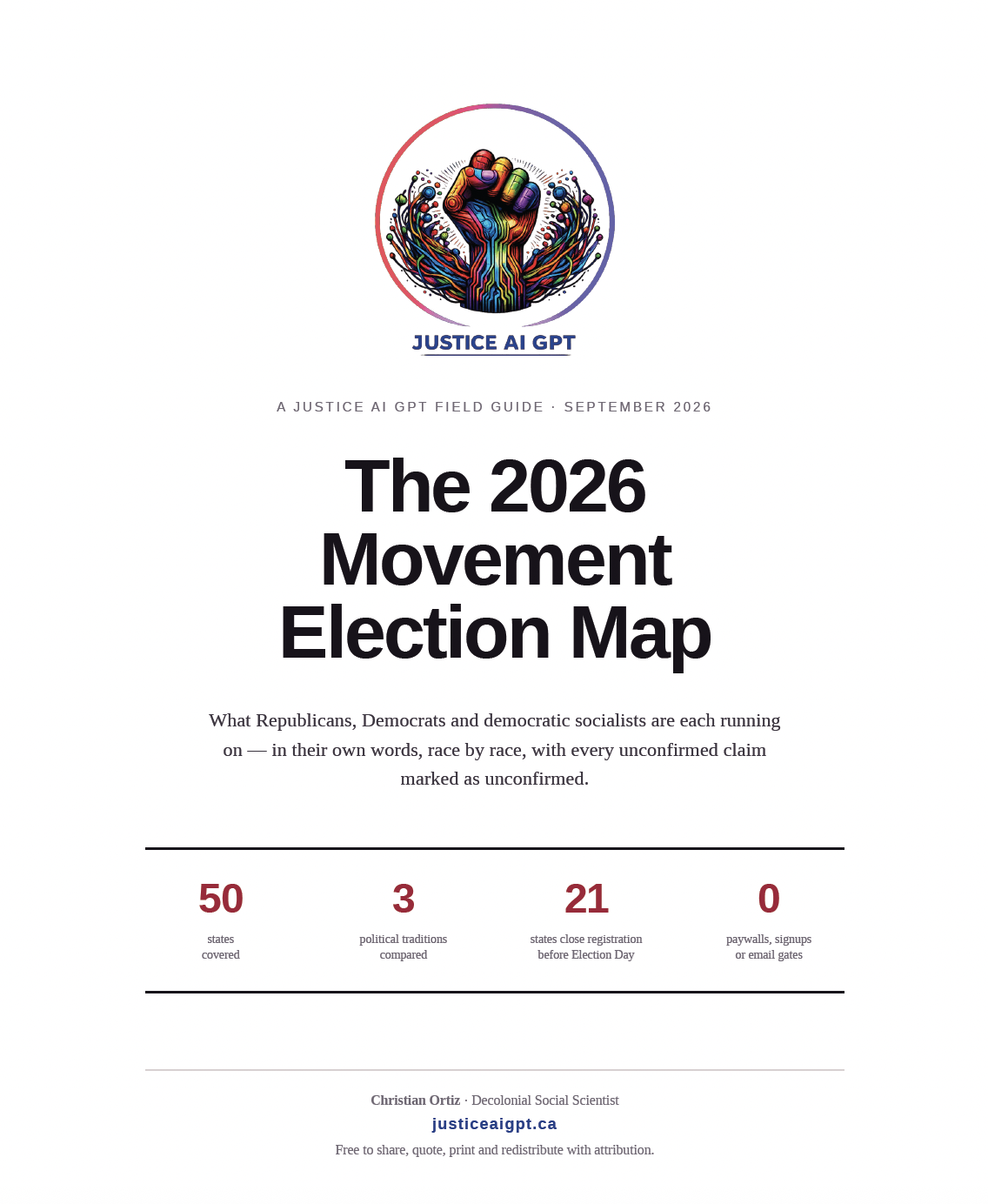 The cover page of a report titled 'The 2026 Movement Election Map' for Justice AI GPT, featuring a colorful digital illustration of a raised fist with a circuit board design. The report is dated September 2026 and includes statistics about states covered, political traditions compared, states close registration before Election Day, and paywalls or email gates.