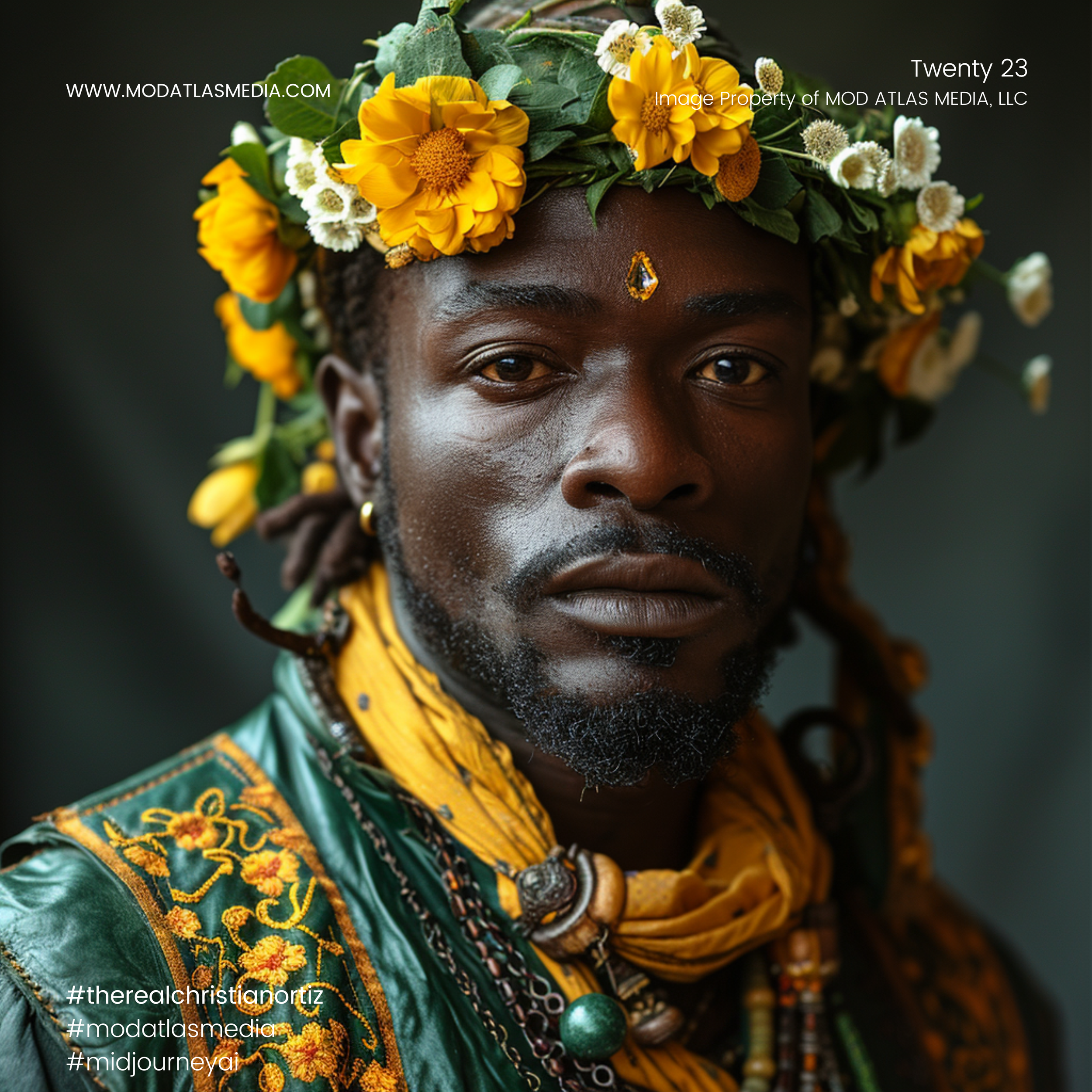 Portrait of a man wearing a floral crown and traditional African clothing, adorned with jewelry.