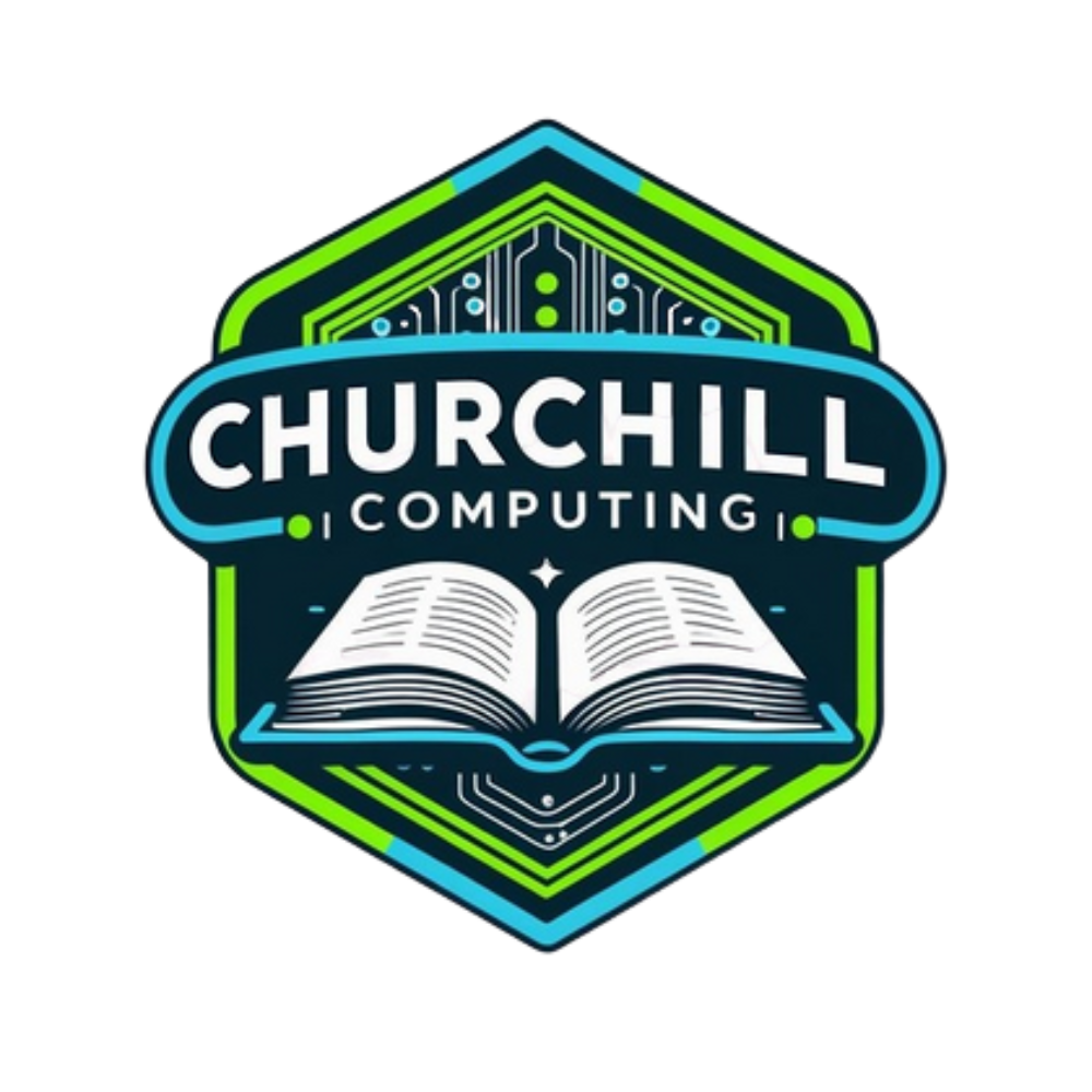 Logo for Churchill Computing with a hexagonal shape, featuring a stylized, open book below the words 'Churchill Computing' and surrounded by circuit-like lines and geometric shapes in blue, green, and black.