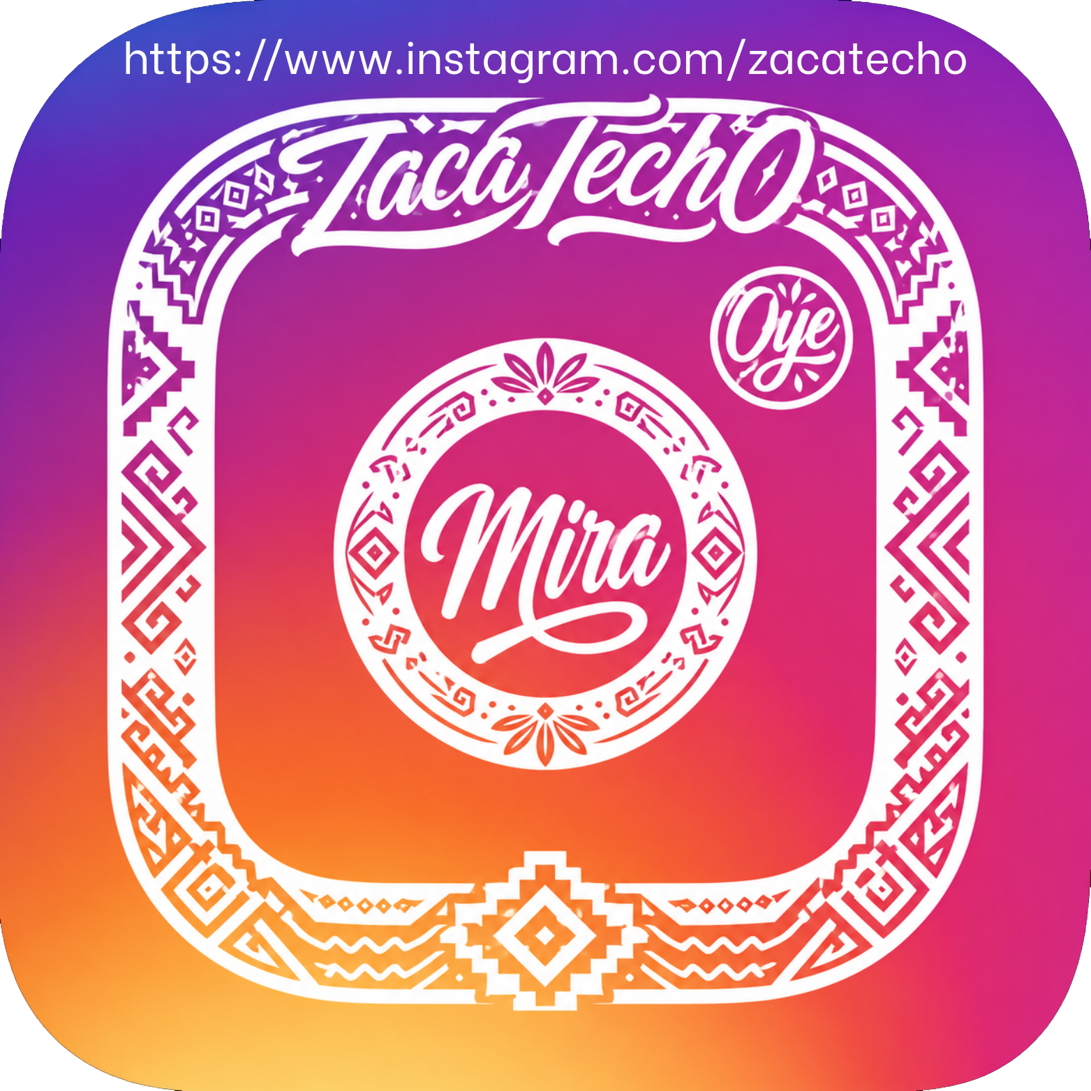 White tribal-style design with text 'Taca TecO' at the top and 'Mira' in the center, on a vibrant gradient background with shades of purple, pink, orange, and yellow, along with a URL at the top.