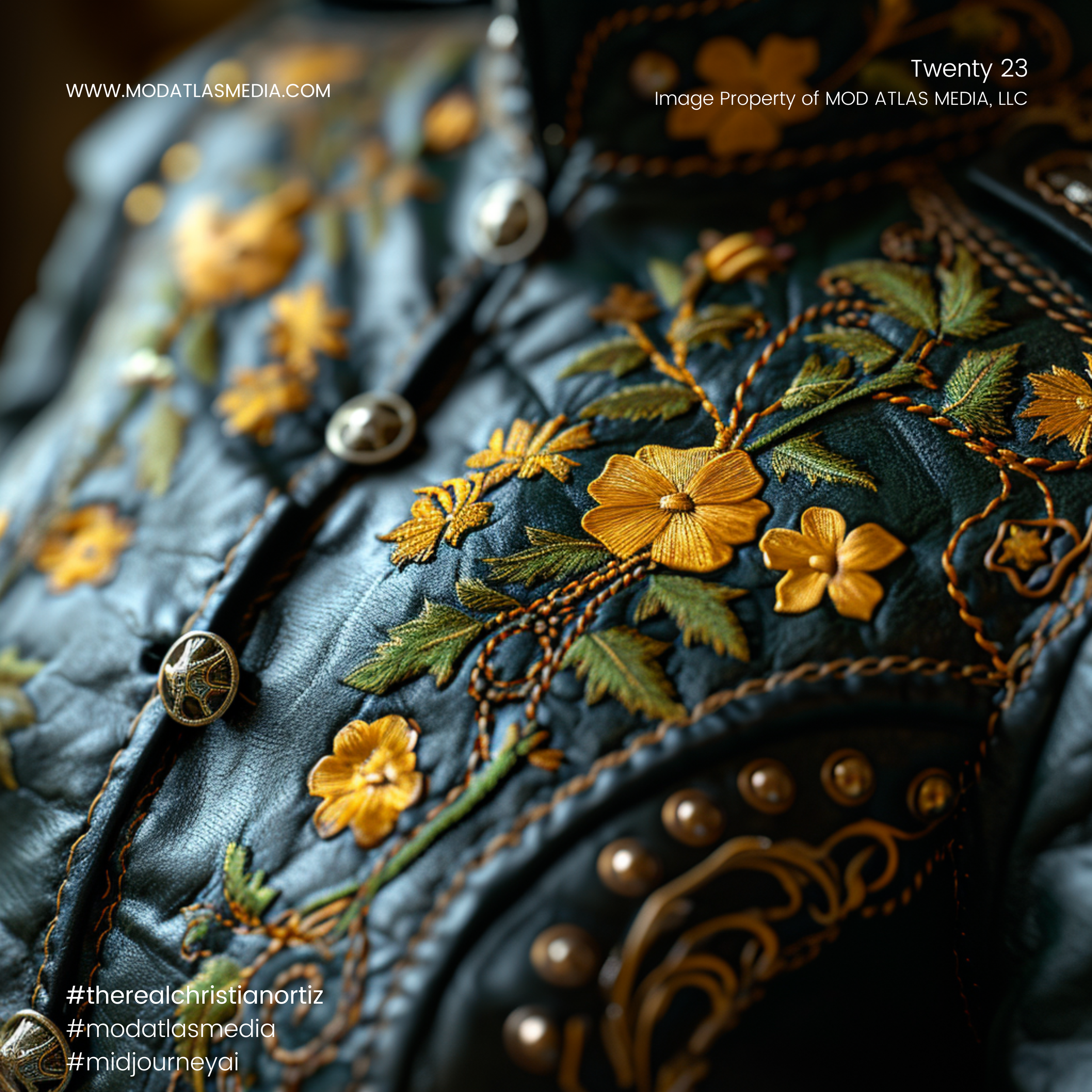 Close-up of a black leather jacket with intricate embroidery of gold, orange, and green floral patterns, including flowers, leaves, and swirling accents, decorated with metallic buttons and chain details.