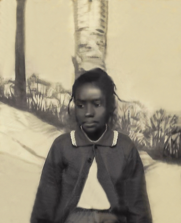 A young girl with dark hair and a serious expression, sitting in front of a painted backdrop of trees and bushes, wearing a dark cardigan with a collar.