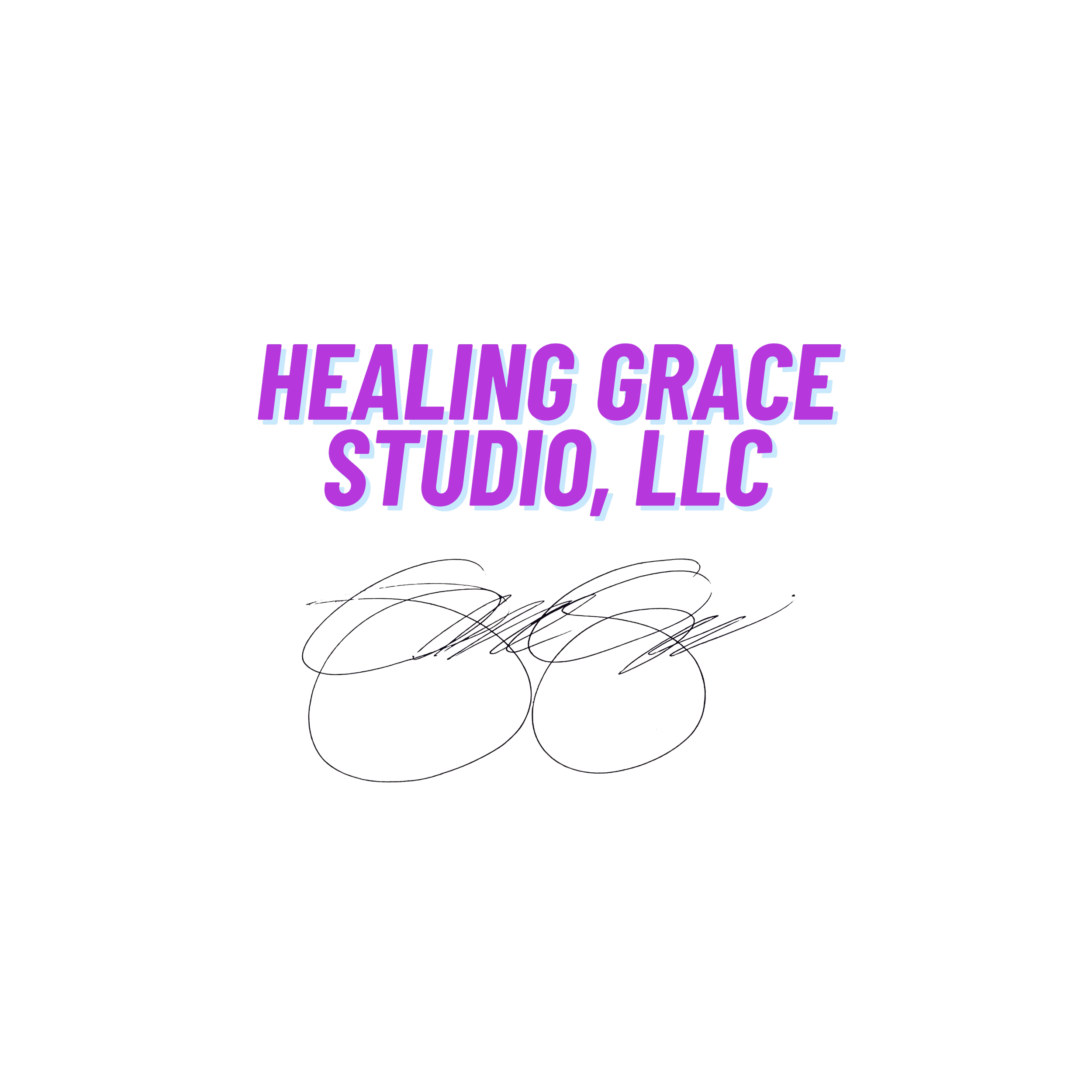 Logo for Healing Grace Studio, LLC, featuring text in purple and blue with a black background and a signature below.