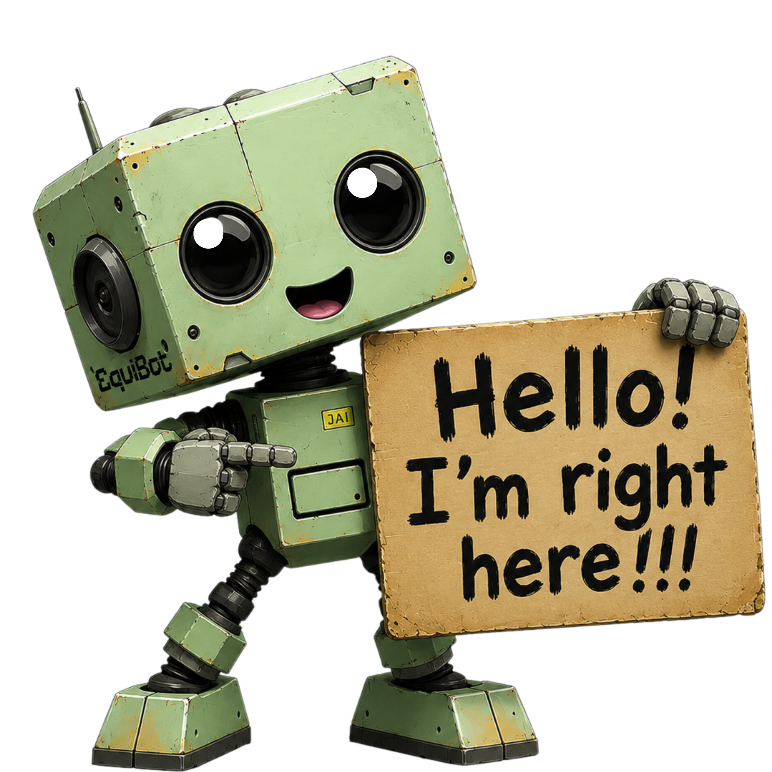 A cartoon-style robot with a cheerful face holding a sign that says, 'Hello!'. The robot is green with a worn, rusty appearance.