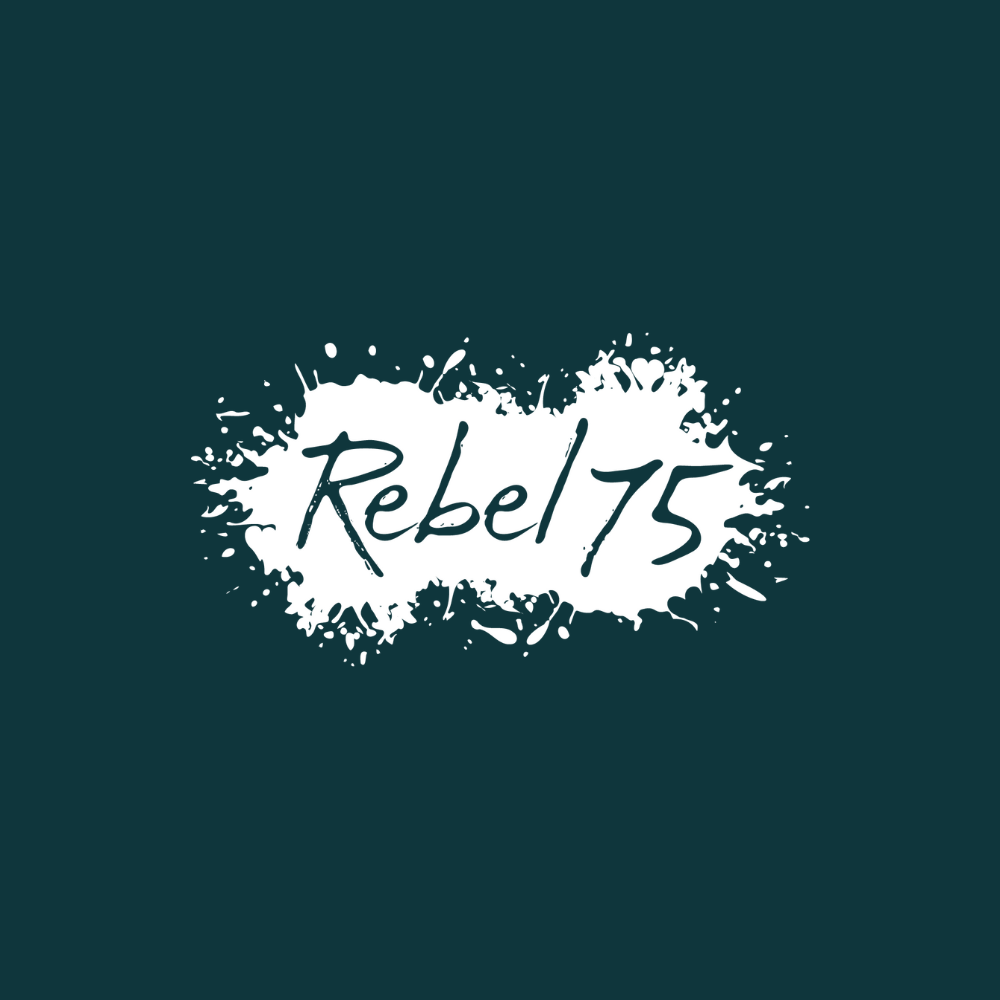 Graphic with the text 'Rebel 75' written in black on a white splash background, set against a dark teal background.