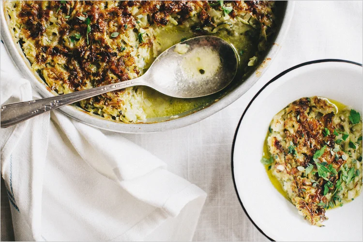 GRATIN OF ZUCCHINI, RICE + ONIONS
