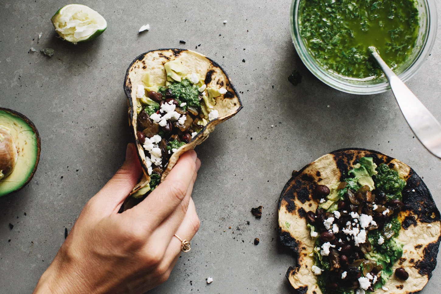 MUSHROOM + BLACK BEAN TACOS WITH CILANTRO BLENDER SAUCE