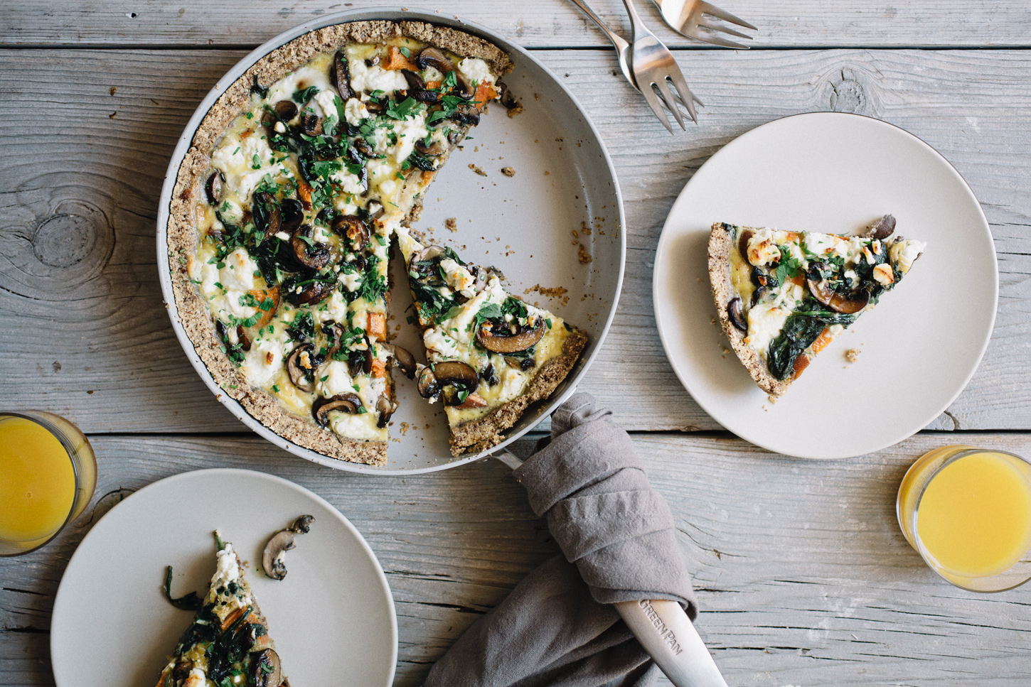 ALMOND MEAL QUICHE WITH SWEET POTATOES, MUSHROOMS + GREENS