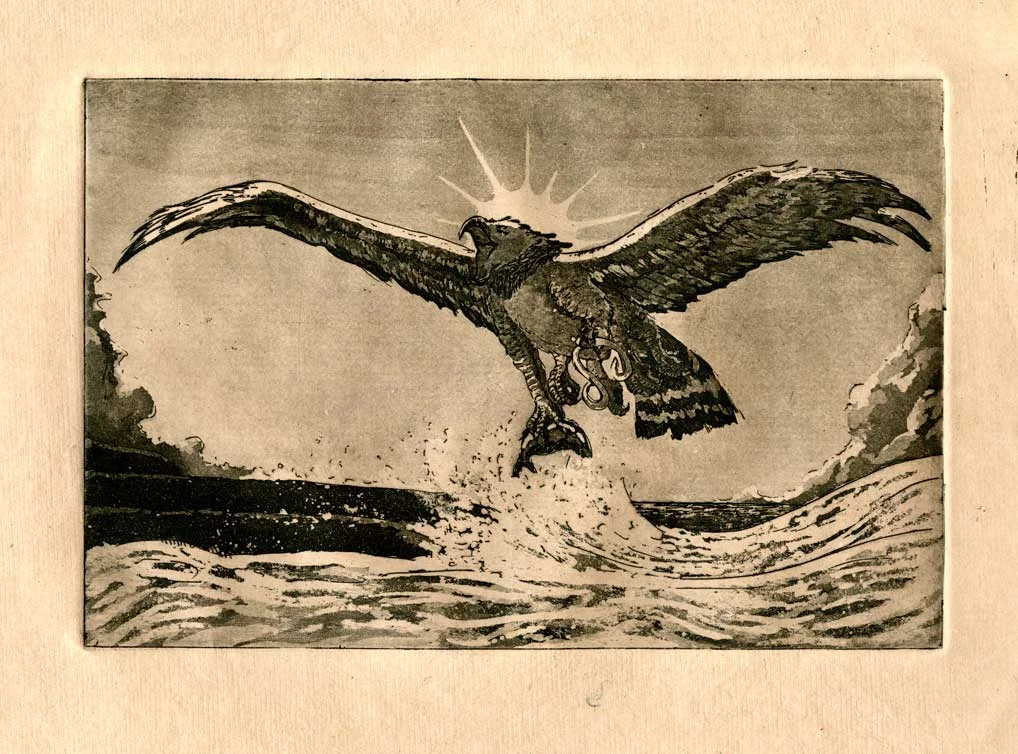 "Bird God, the god of power" 2015 etching