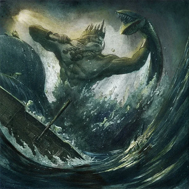 “Poseidon” aquatinted etching, mixed media