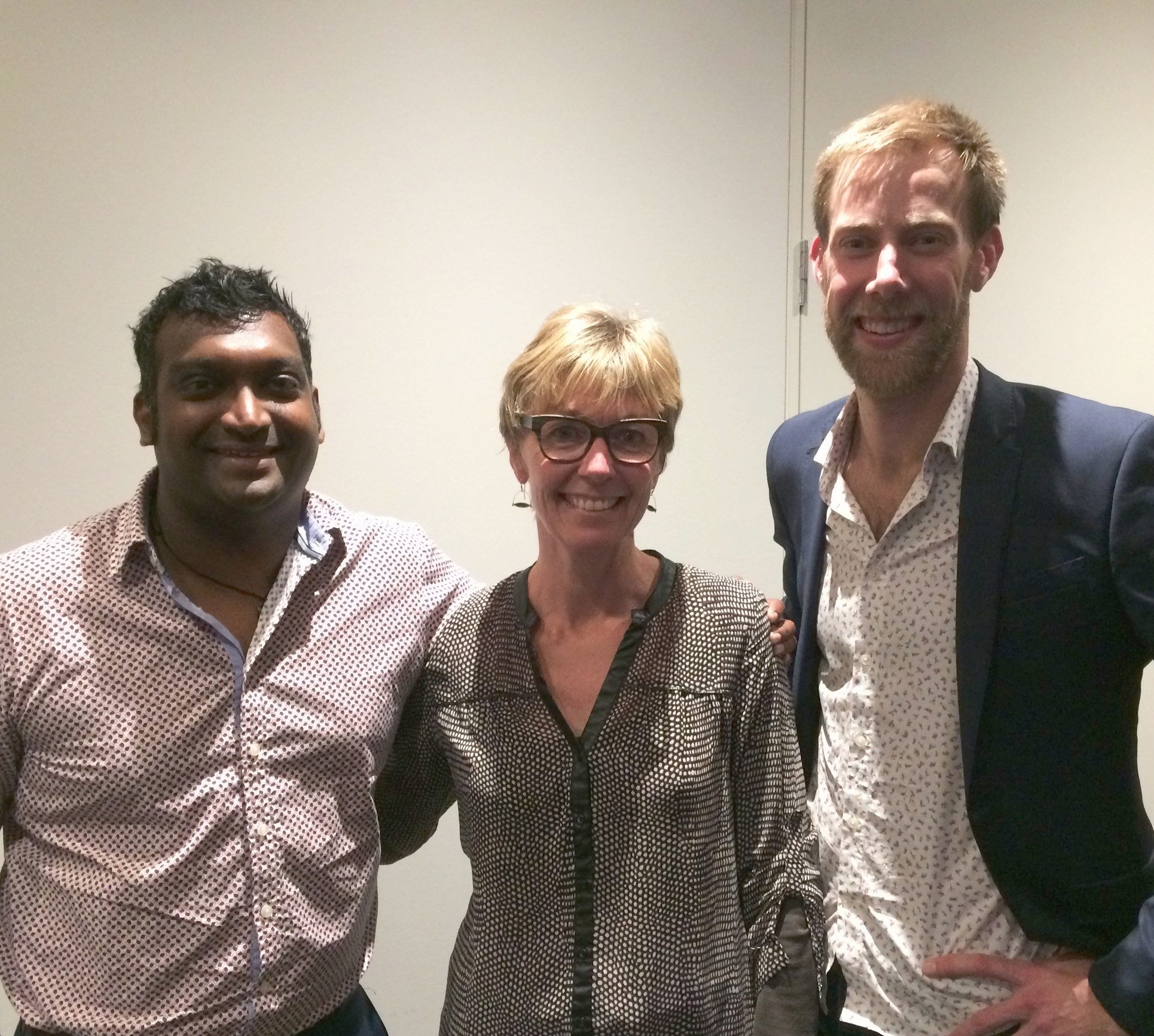 Claire McDonald pictured with OSO Board Optometrists Jagrut Lalu (left) and Alex Petty (right).