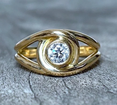 Bague Ancienne Vintage - Taille 54 - Verre Doré - Métal Inconnu - Occasion