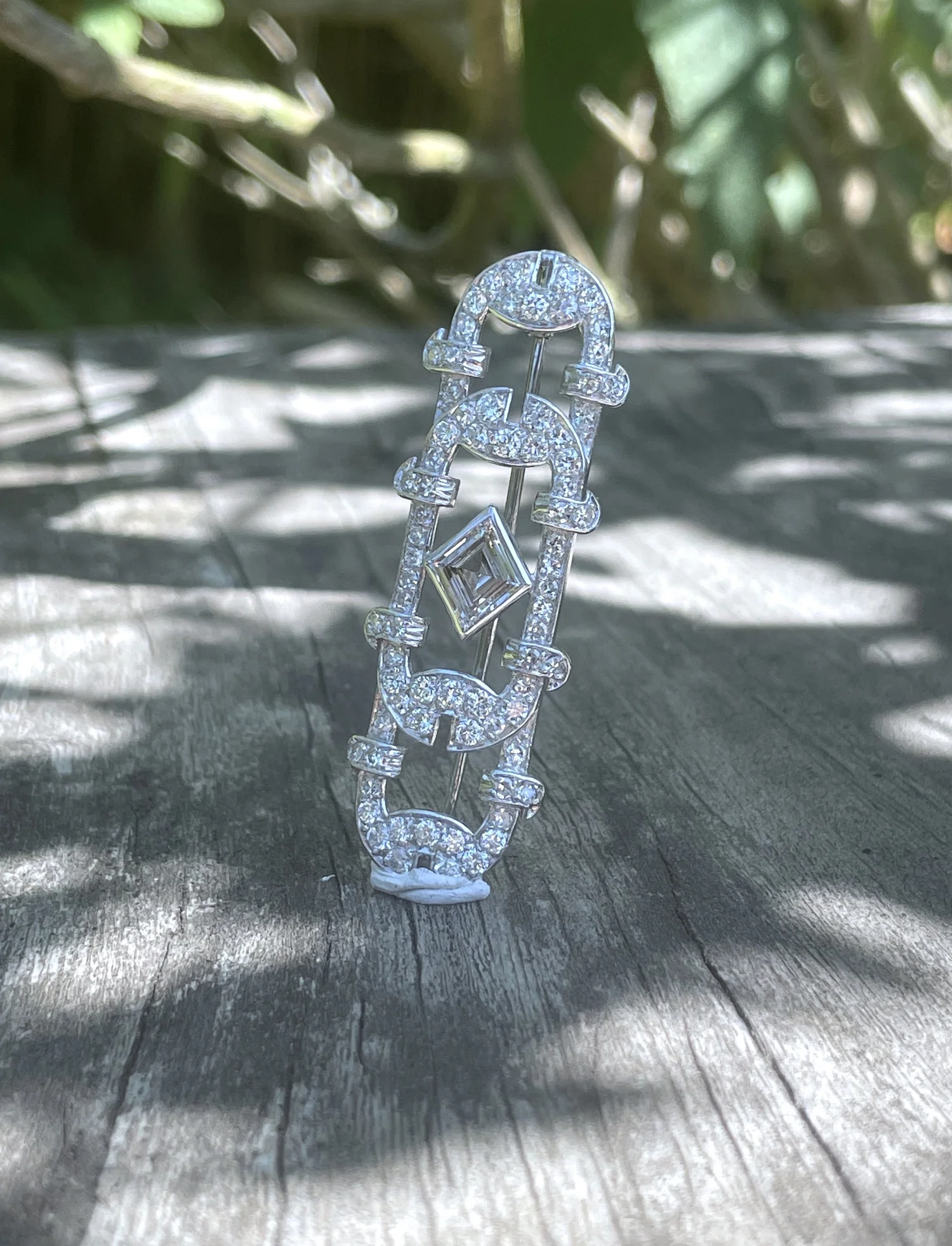 Broche Ancienne Losange En Cristal Blanc - Bijou Vintage Argenté
