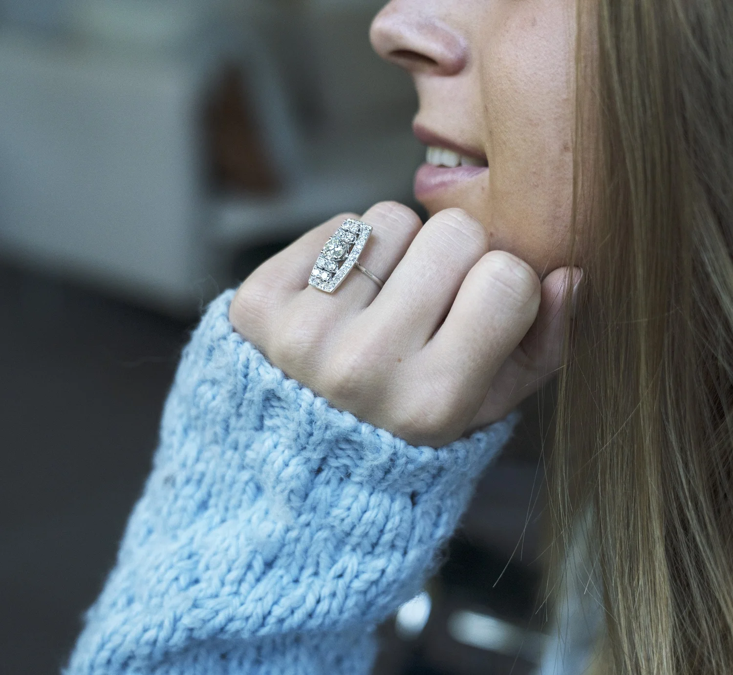 Bague Vintage Or Gris 18k Avec Diamants - Taille 55, Occasion Rénovée En Bijouterie, Poids 2.54g