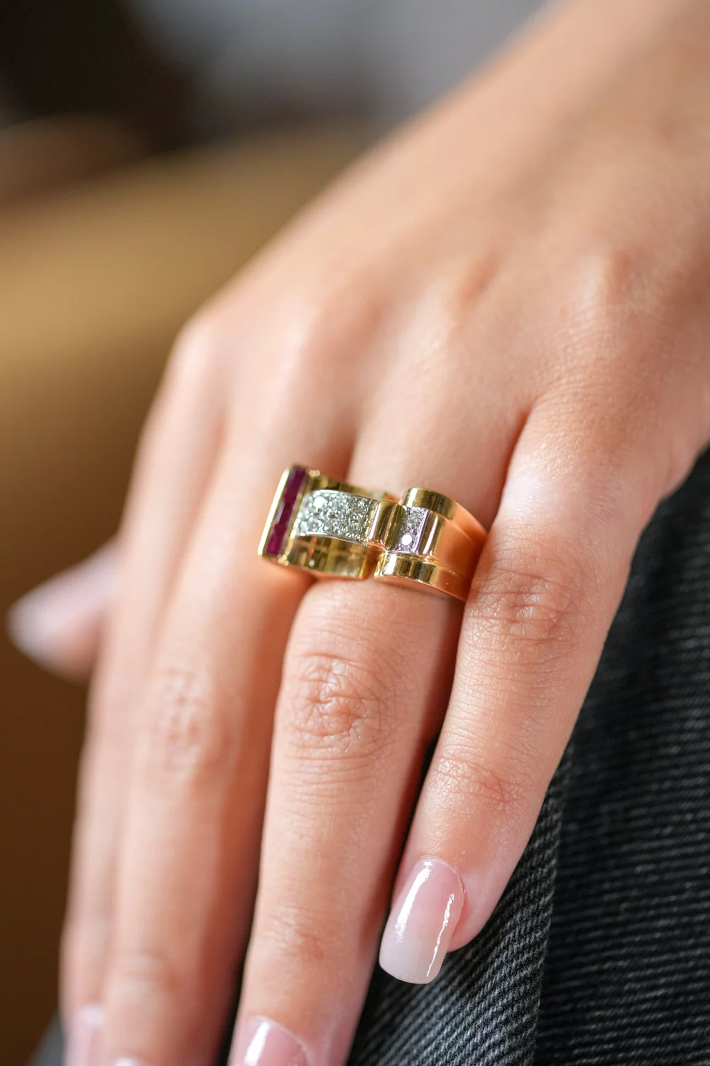 Bague Tank Or Jaune 18K Avec Diamants - Années 40, Taille 53, Parfait état