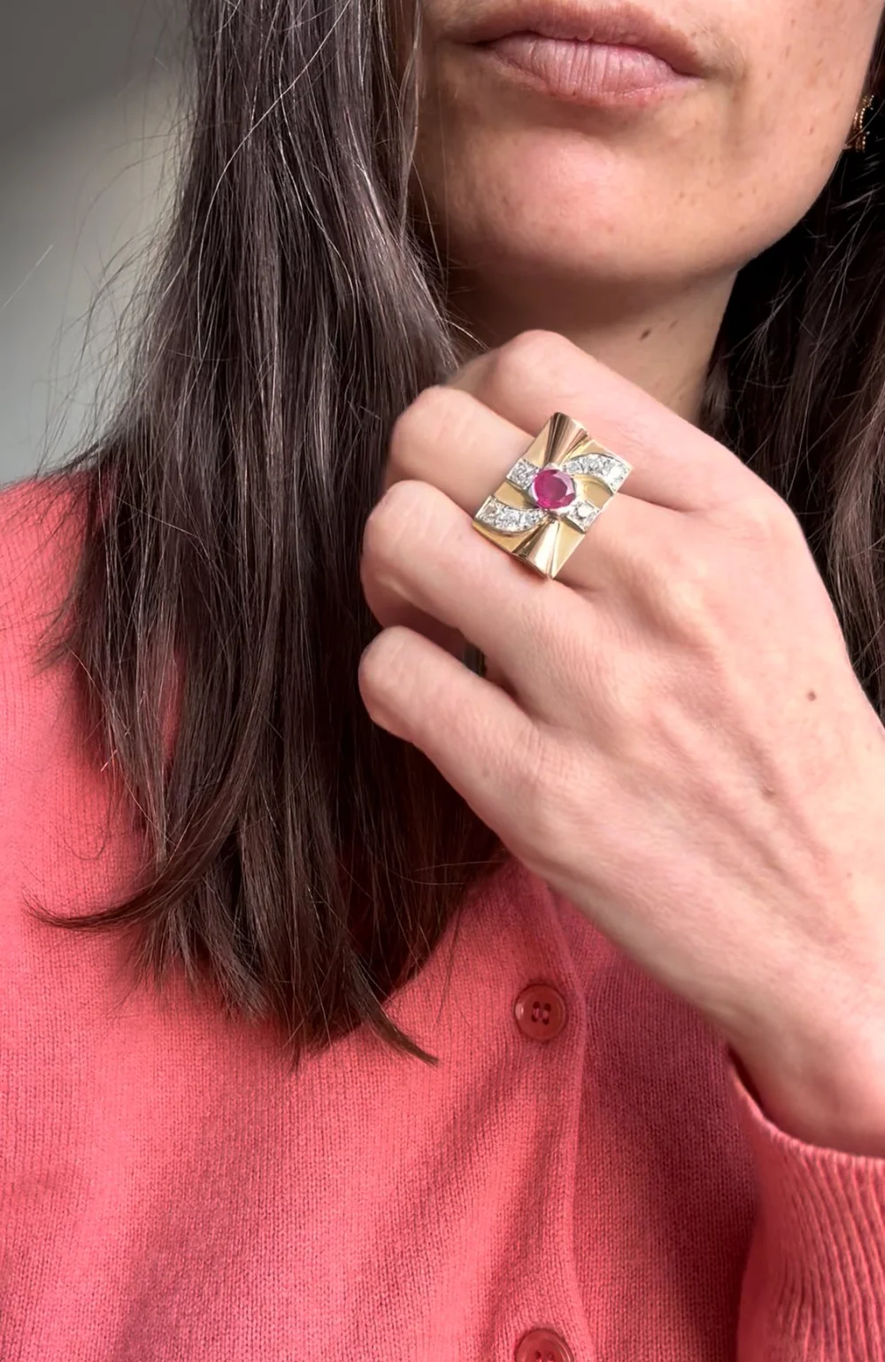 Bague Tank Or Rose 18 Carats - Diamants Et Pierres Rouges - Taille 52 - Occasion Sans Marque