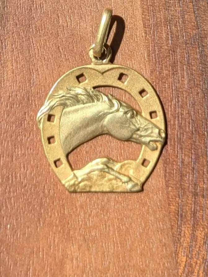 Pendentif porte-bonheur en or jaune représentant une tête de cheval dans un fer a cheval