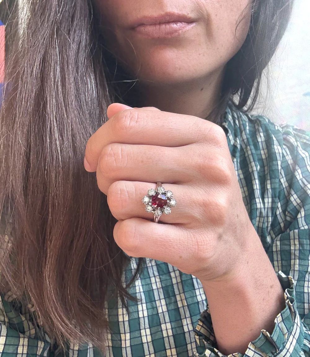 Bague Vintage T59 Plaquée Or Blanc Gris Avec Cristal, Rubis, Améthyste, Topaze - Occasion