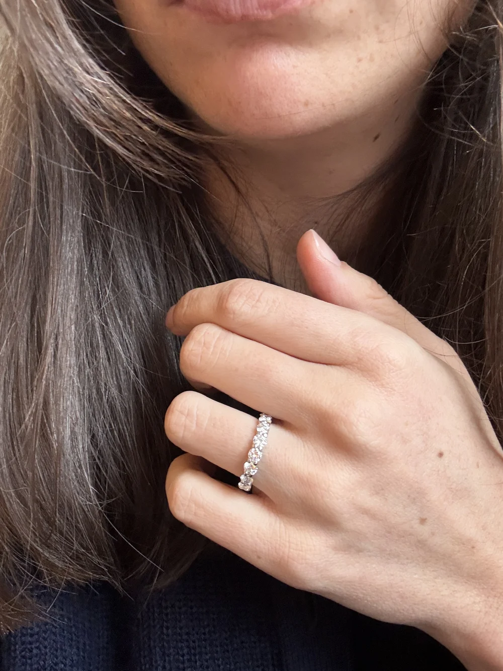 Alliance Argent Massif 925 Rhodié Avec 3 Rangées De Diamants Cz - Taille 54 - Neuf Avec étiquettes